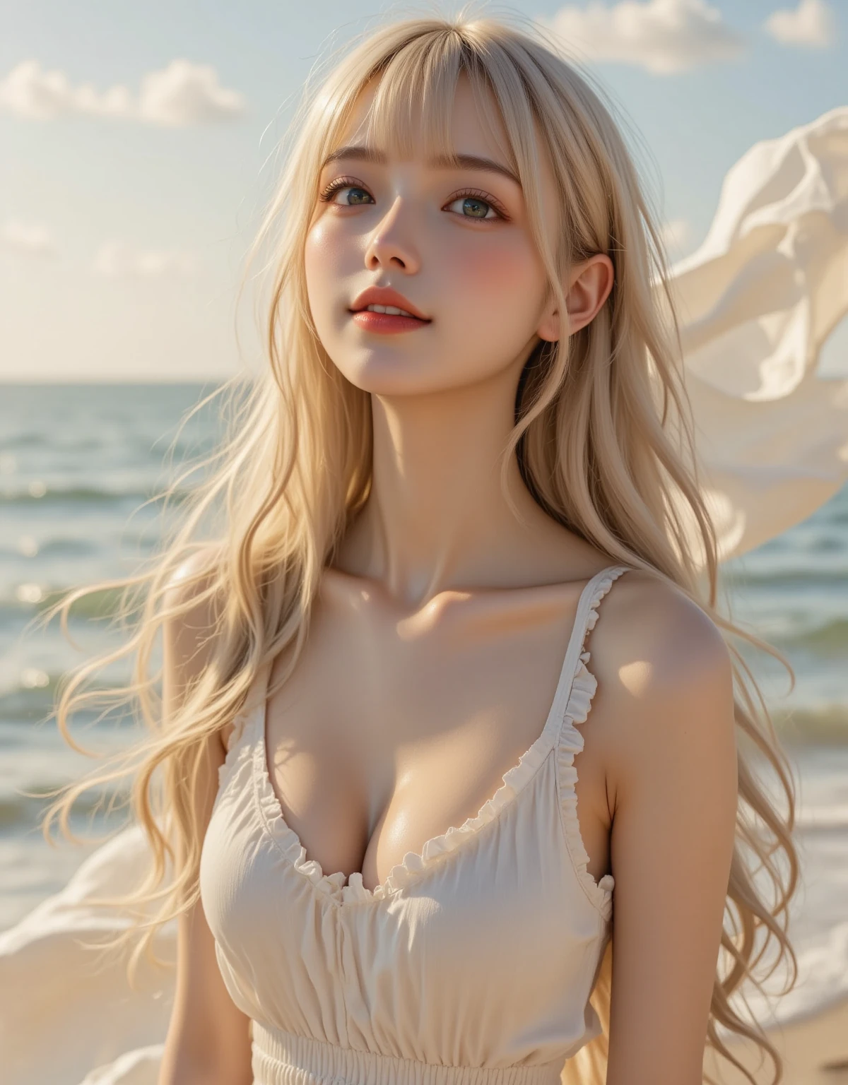 Sunburn marks on tanned skin、blush、Bright blonde hair,A cute 16-year-old girl with a cute look, A strong wind blows my hair in front of my face、Beautiful big sparkling eyes, Cute eyes hidden by long bangs、Yawn、No visible nasolabial folds、A short, light-colored ummer shirts with cute designs and colorful designs、Korean Beauty