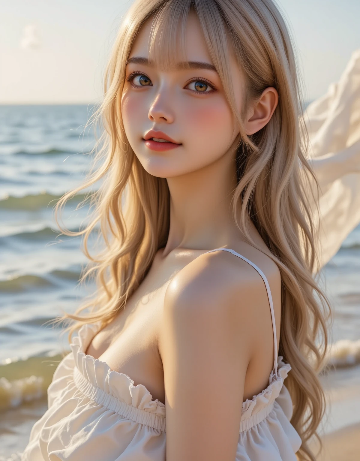8k, best quality, masterpiece, realistic, ultra detail, photography, HDR, ROW photo, highres, absurdres, studio light, official art, depth of field,
close-up, slender, cute face, smile, beautiful details eyes, 19years old korean, pretty, Shoulder length bob hair with light blonde color,
beach, sunset, shirt,