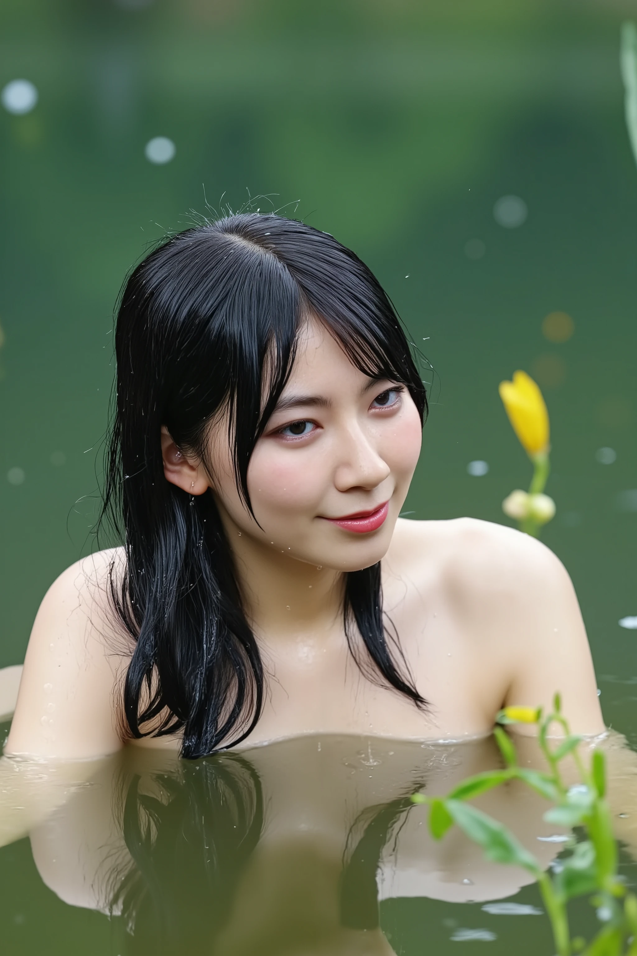 A high resolution photograph of a fully nude Japanese adult woman. She is drowning in the lake, lying underwater, the whole body is underwater, submerged in water, under the water surface, below the water's edge.
It's heavy rain. Water droplets create a wet effect. Water plants. Intricate details, 8k.