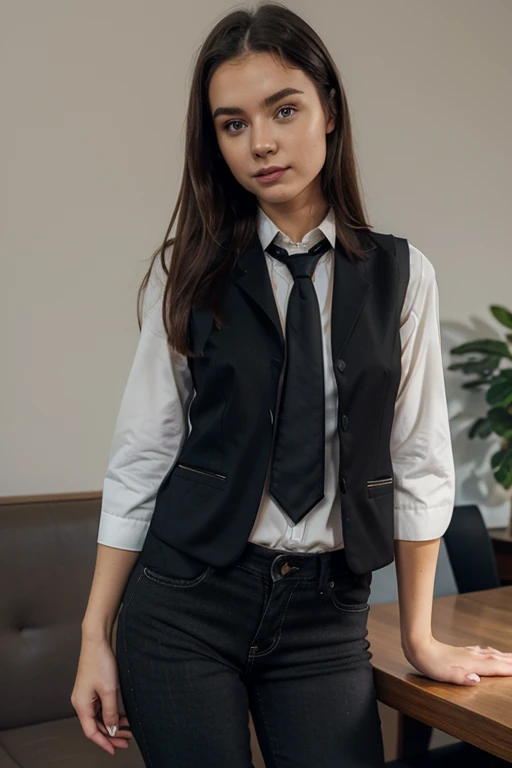 A female office lady standing in the office,((48-year-old woman))、Normal size breasts、Dark brown hair color、Hairstyles with bangs、Shoulder-length straight hair、alone, (8k, RAW Photos, Highest quality, Tabletop: 1.2),、(Realistic, Realistic: 1.3), Inside a Japanese office, Professional Lighting, Photon Mapping, Formal shirt with open chest, (Black business vest:1.9), Cleavage, Black mini skirt、Black tight skirt, (Business services), ((Delicate photo)),(Detailed RAW Photos of Womans), (Tabletop:1.25), (Highest quality:1.6), (Ultra-high resolution:1.5), (Realistic:1.75), 8k resolution, Canon EOS R5, 50mm, Absurd, Very detailed,Cinema Lighting, (Skirt Lift:1.5)、Browsing Caution、smile、I flipped up my skirt, ((race_panties)), Camel Toe, Browsing Caution, Soft light from the front