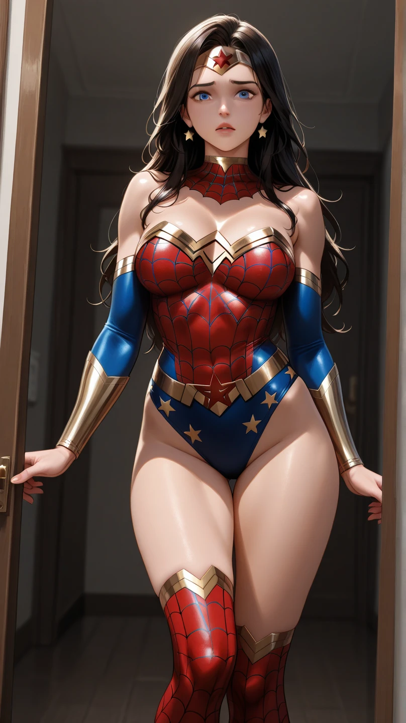 photorealistic:1.37),%20Highest%20Quality,%20, 18yo,wonder woman in Spider-Man,large breasts, cleavage of the breast,masterpiece, best quality,8k, abstract, psychedelic, neon, (honeycomb pattern), (creative:1.3), fantasy,nsfw,cameltoe,erected ,The crotch is fishnets,dynamic pose,dynamic angle,show off groin,groin focus,spread legs,from below,On the roof of a high-rise building,happy smile,(standing on one leg:1.2), (standing split:1.3), muscular, hand holding one leg up