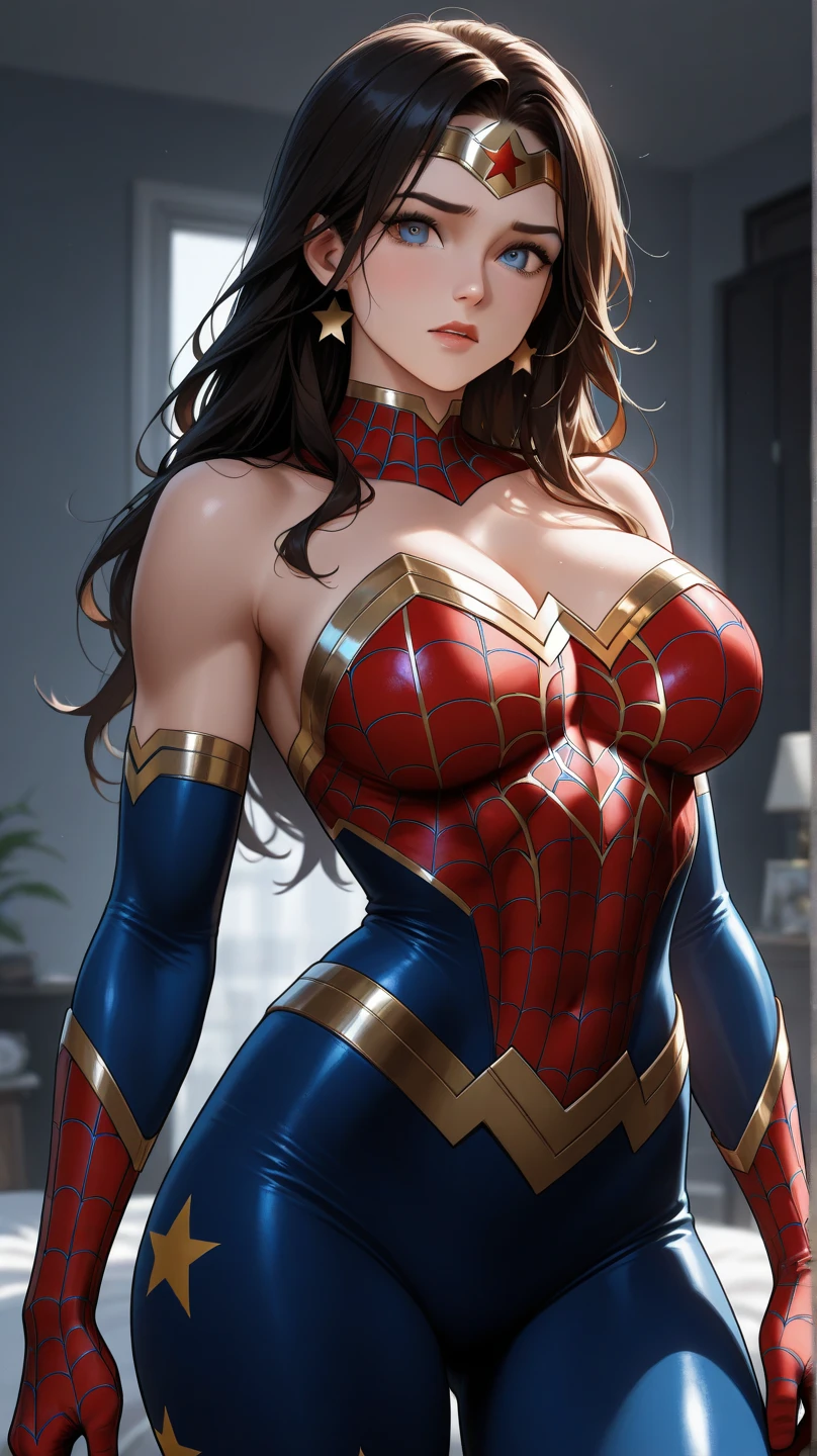 Jennifer Garner、Sticking out the navel、newyork、She wears a torn Spider-Man suit,wearing skirt、abstract photorealistic、artistic、Alphonse Mucha's painting(​masterpiece、top-quality、hight resolution:1.4)、detaileds、複雑なdetaileds、4K、color splashes、line-drawing、Fibonacci、