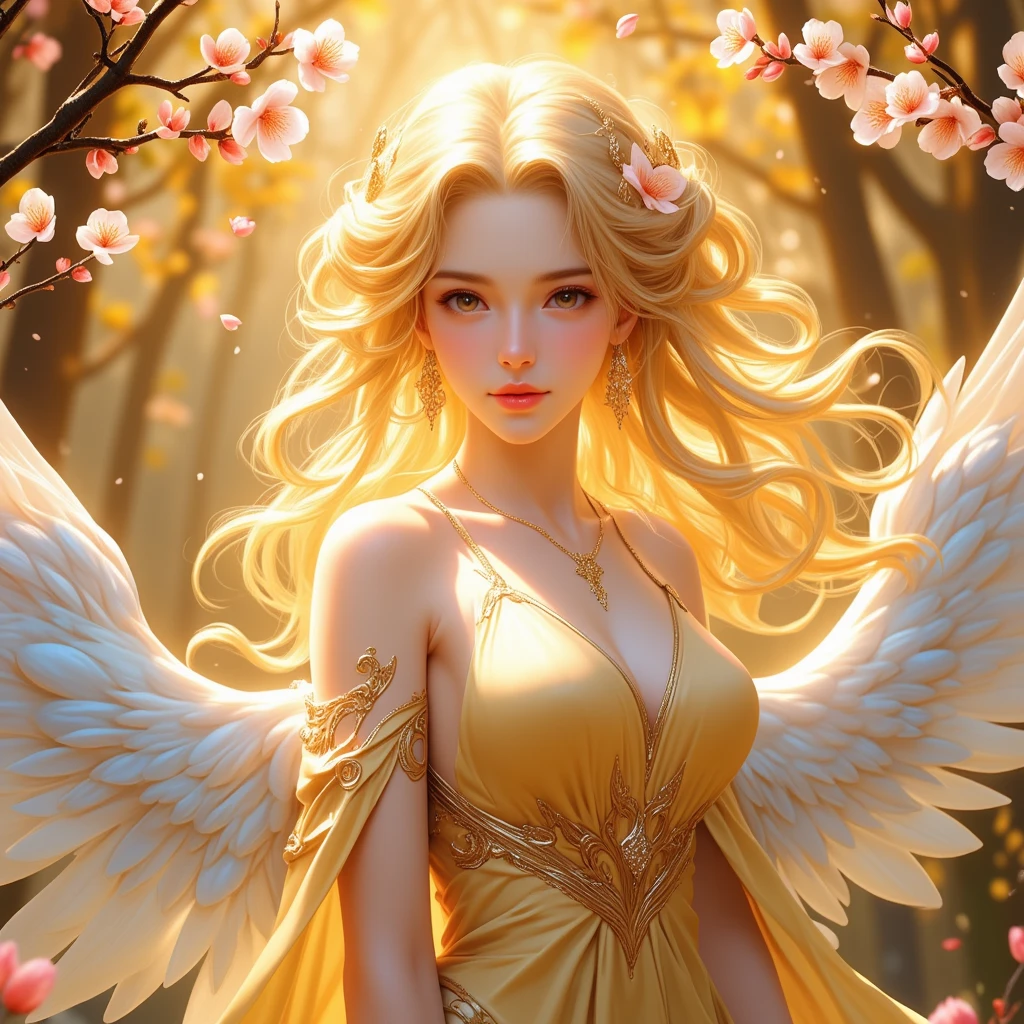 One is wearing a beige gauze dress、With wings、Woman with beige light blond hair wearing flower crown( perfect anatomy ) Translucent wings, Beautiful angel wings,Extremely detailed close up of smiling female angel in flowing gauze dress elegant、Beautiful masterpieces, meticulous depictions, extremely delicate works of art, ultra-precision art,Stunning digital art