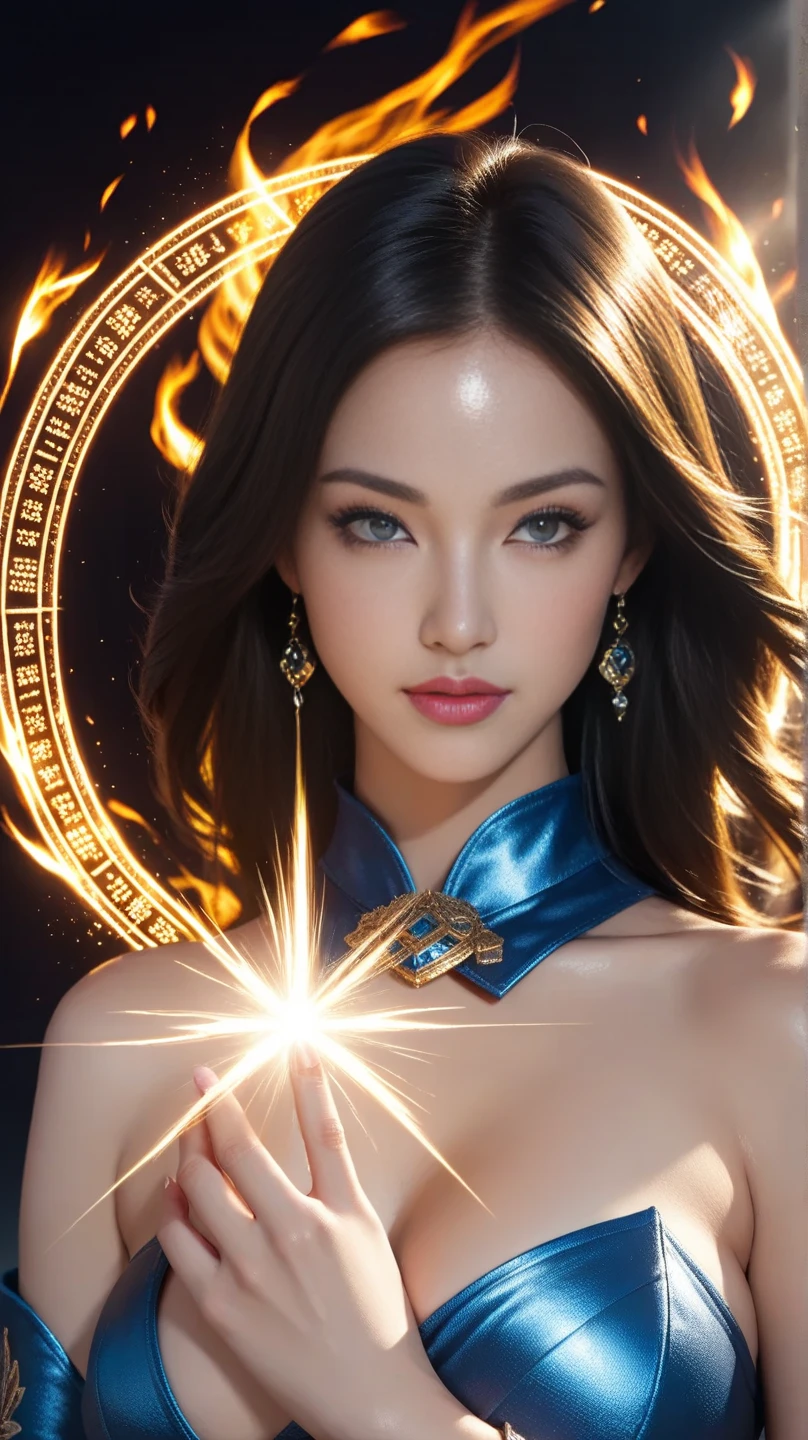 Hyperrealistic photography,Chinese Beauty,
beautiful,hell_Miss, Anatomically correct,fantasy,Shiny,Upper body photo,triangle,Motion Blur,Movie lighting effects,Fractal background,Golden