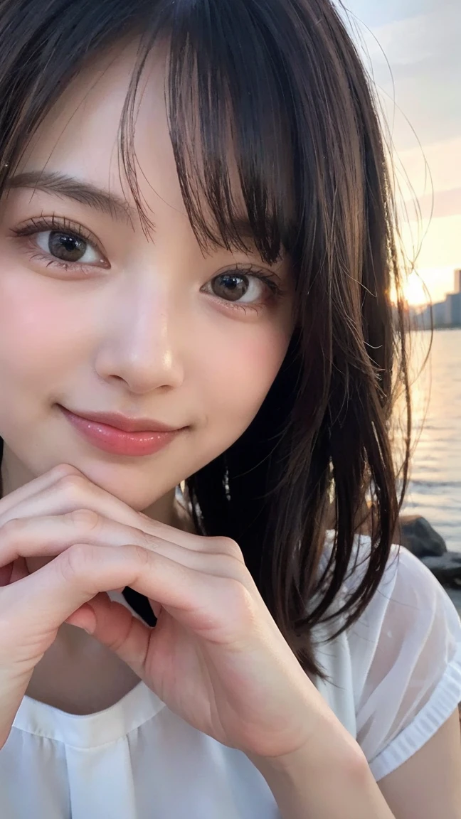 (((Ultra-high resolution、Close-up)))、Long, straight black hair frames her face、So that every single hair is clearly visible、Depicts subtle color changes depending on the amount of light hitting the subject、The skin is white and smooth、Has a natural glow、Fine skin texture、Representing the fine details of pores、amountや頬に薄い赤みがある部分を詳細に、The eyes are almond-shaped and dark brown.、Fine details of the iris、Depicts color gradations and patterns、Long, natural-looking eyelashes, each and every one visible、Well-groomed eyebrows、indivual々The hair is clearly visible、Light reflects off into the eyes、Create small highlights、noseは繊細で、nose孔の細かいディテールがある、Lips are plump and naturally pink、Depicts the fine lines and soft curves of the lips、Shiny、Accentuate the shape、Detailed depiction of lip texture、Particular attention to the depiction of light and shadow、Soft natural light gently illuminates the face from the front、amount、nose、Creates a subtle glow on the cheeks、Shadows are cast softly along the contours of the face、cheekbone、Jaw Curve、noseの側面を強調、The gloss of her lips reflects the light faintly.、Emphasizes plump texture、The shadow of the hair adds depth and dimension.、indivual々The hair shines in the light、The background is simple and blurred.、Focus on the face、In the highest quality、Representing the utmost detail