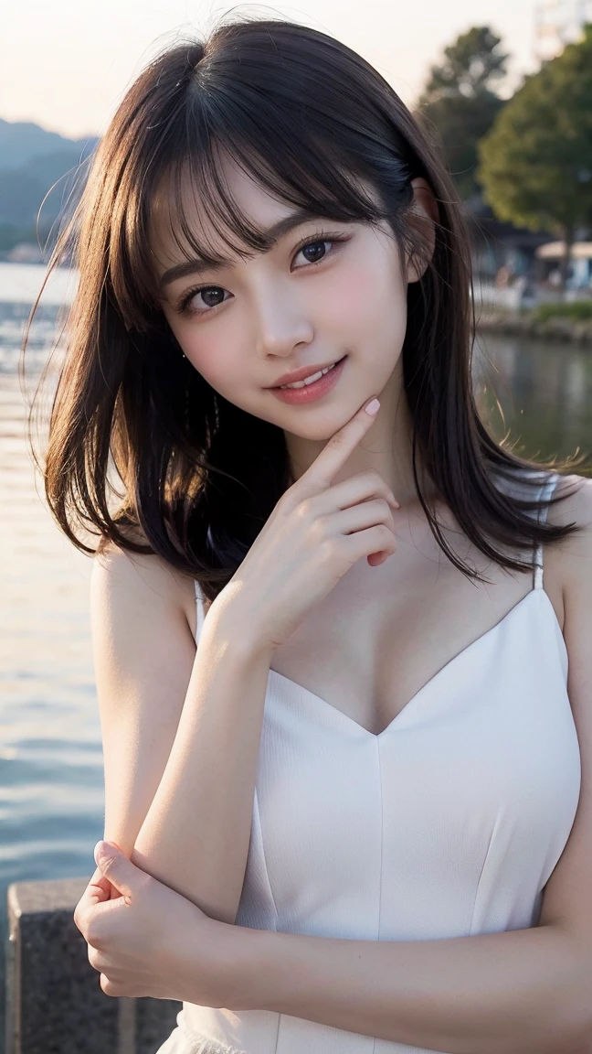 Photo-realistic quality、Close-up of a woman in a white dress posing on the beach, 20Japan-year-old model、 Cute beautiful face, Realistic young gravure idol, Cute seductive smile, Beautiful Japanese girl face, Young and cute gravure idol, Young Sensual Gravure Idol, A soft and gentle look、looking at the camera、Detailed and beautiful eyes、Cute Smile、Narrow face