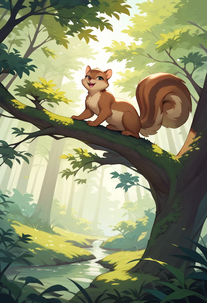 A little squirrel looking out from its tree into the forest