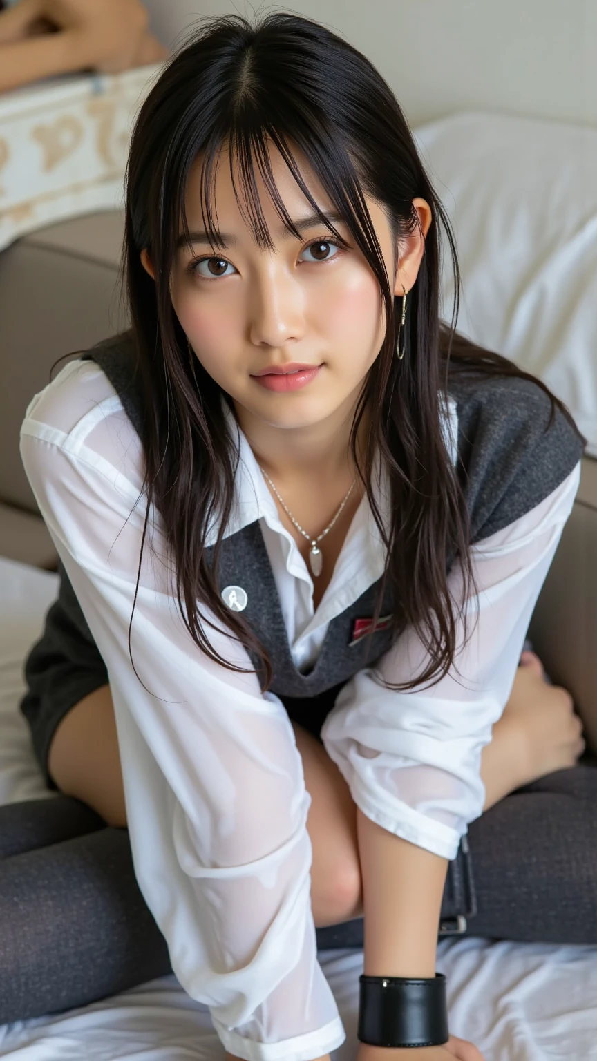 Sit in a study chair,15 years old,(loli:1.0),elementary student、young,(Plaid pleated skirt),flat breast,Pupils,teens girl,A dark-haired,delicate and body,in a my house、frontage、Looking here、full bodyesbian、white socky room,bed,desk,chair,book,pc、( light smile:1.0),(skinny:1.2),beautiful girl,akb48,nogizaka46,(short twintails:1.1),,(full-face blush:1.5),,open legs,kneel up,(fullnude:1.0),(show pussy:1.0