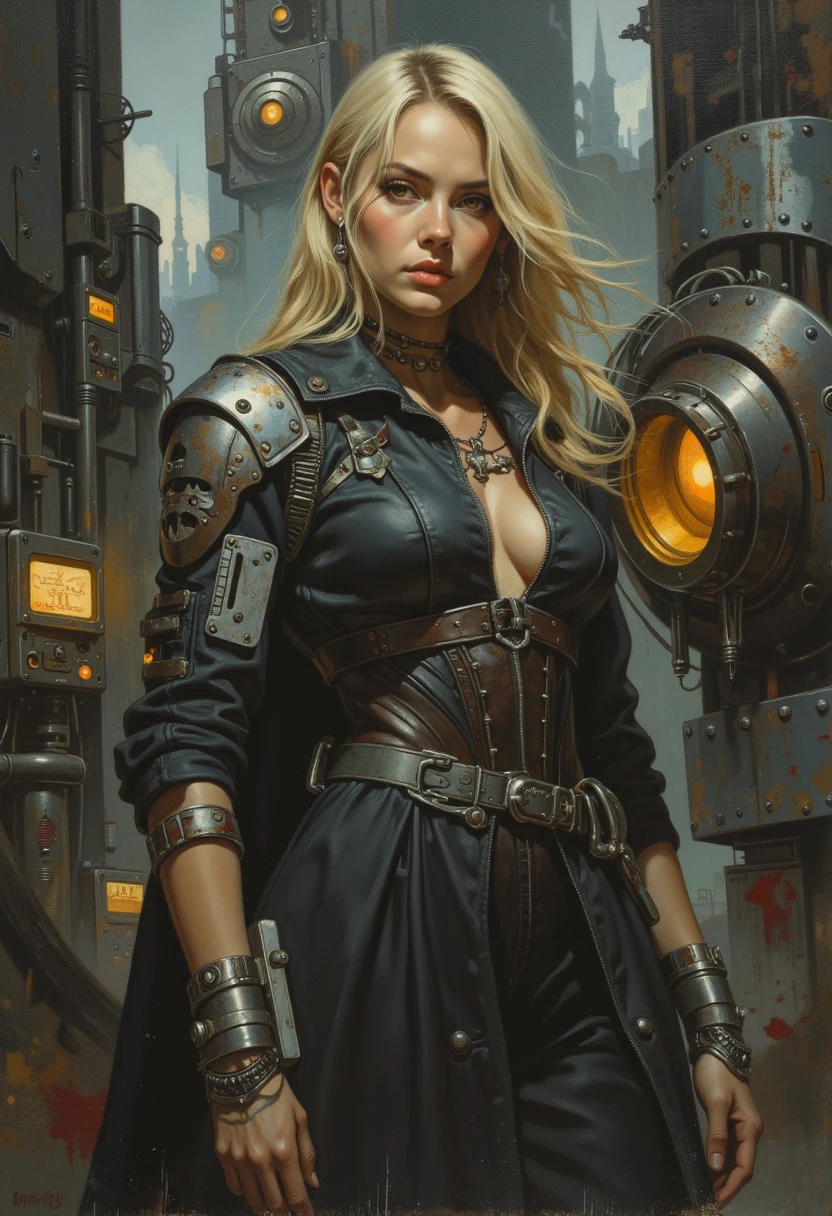  Realistic full body shot ,  from head to toe ,   pretty european blonde female， dark cyberpank  , Science Fiction, Mechanized precision,  Large canvas painting ,  Rough Surfaces ,  Fine Details ,  photorealism 