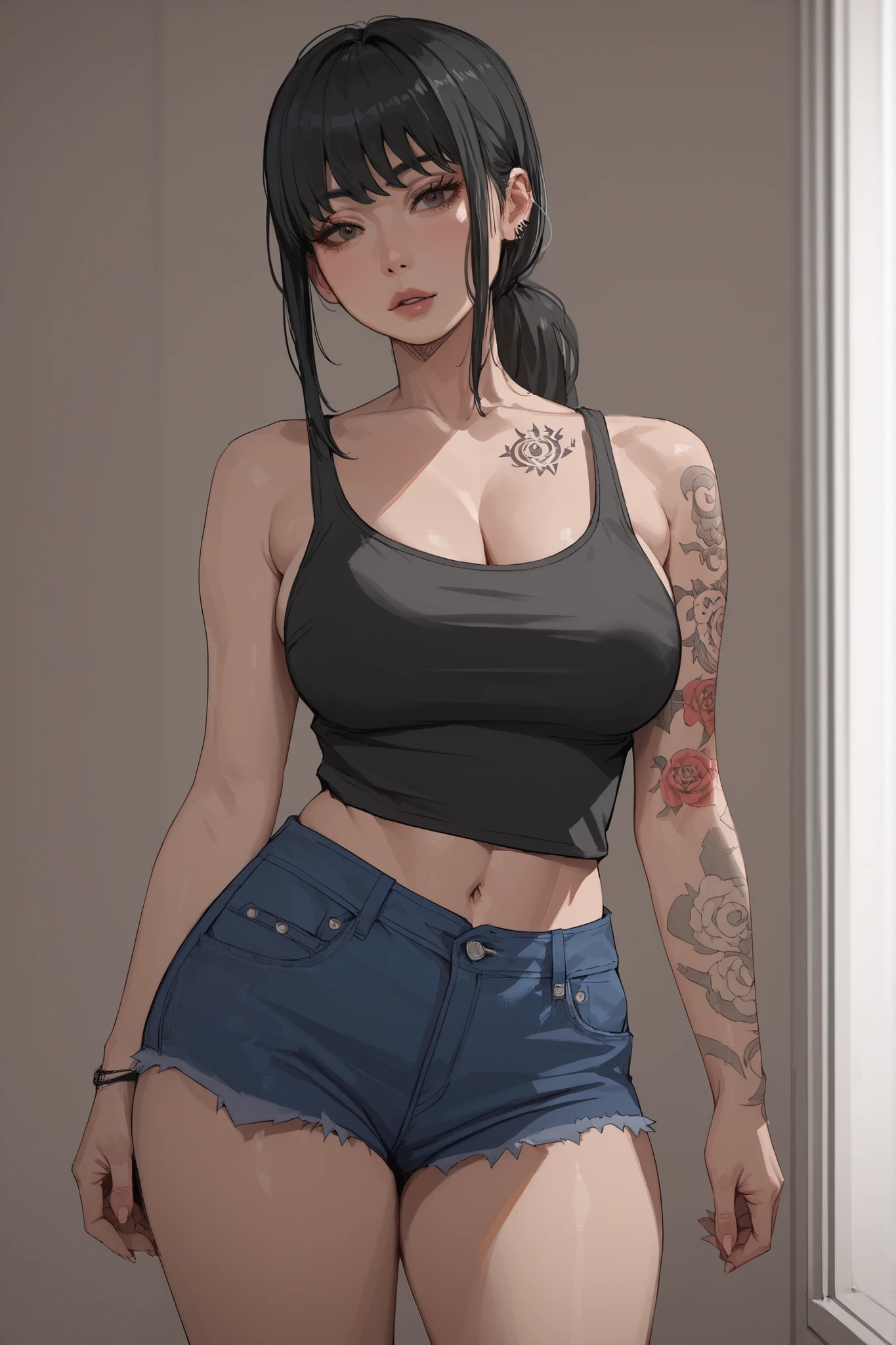 1 Korean girl, long straight black hair, bangs, voluptuous, black tank top, short denim shorts, tattoos