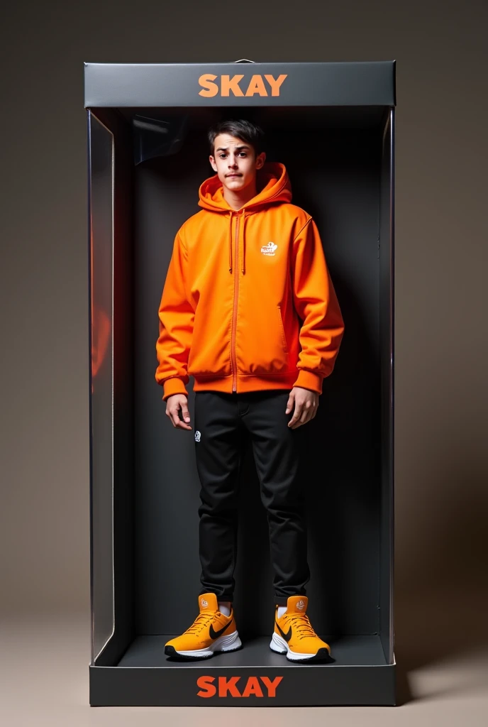 A young boy wearing a modern, stylish tracksuit in a dark color like navy blue or black, with white or contrasting stripes along the arms and legs. The tracksuit is well-fitted, with a zip-up jacket and matching pants. The boy is also wearing a dumala, a traditional Sikh turban, in a bright color like saffron or blue, neatly tied. He stands confidently, perhaps with his hands in his pockets or crossed over his chest, with a calm expression on his face. The background is simple and neutral, allowing the focus to be on the boy and his outfit."