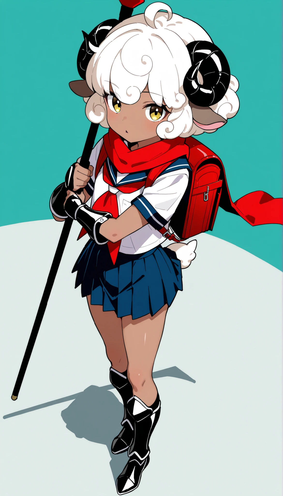score_9, score_8_up, score_7_up, masterpiece, highest_quality, ultra_detailed, nsfw, absurdres, official_style, intricate_details, sharp_line, from_above, BREAK solo_girl, solo_girl_focus, girl is (cute_female_toddler, (sheep_kin, sheep_ears, sheep_horns, sheep_tail, kemono, black_eye_liner), white_curly_hair, dark_skin:1.5, expressionless, triangle_mouth, short, skinny, bony, flat_cheat, (ninja_scarf, ninja_gauntlets, ninja_greaves, schoolgirl_uniform, schoolgirl_miniskirt, short_reggings, school_backpack), standing_pose, fighting_pose, hold_wizard’s_staff):1.5, BREAK full_of_details, detailed_face, anatomically_correct, five_fingers, perfect_hands, perfect_fingers, dramatic_angle, dynamic_angle, dynamic_perspective, simple_color_background, (covering_privates, convenient_censoring):1.5, motion_line, motion_blur