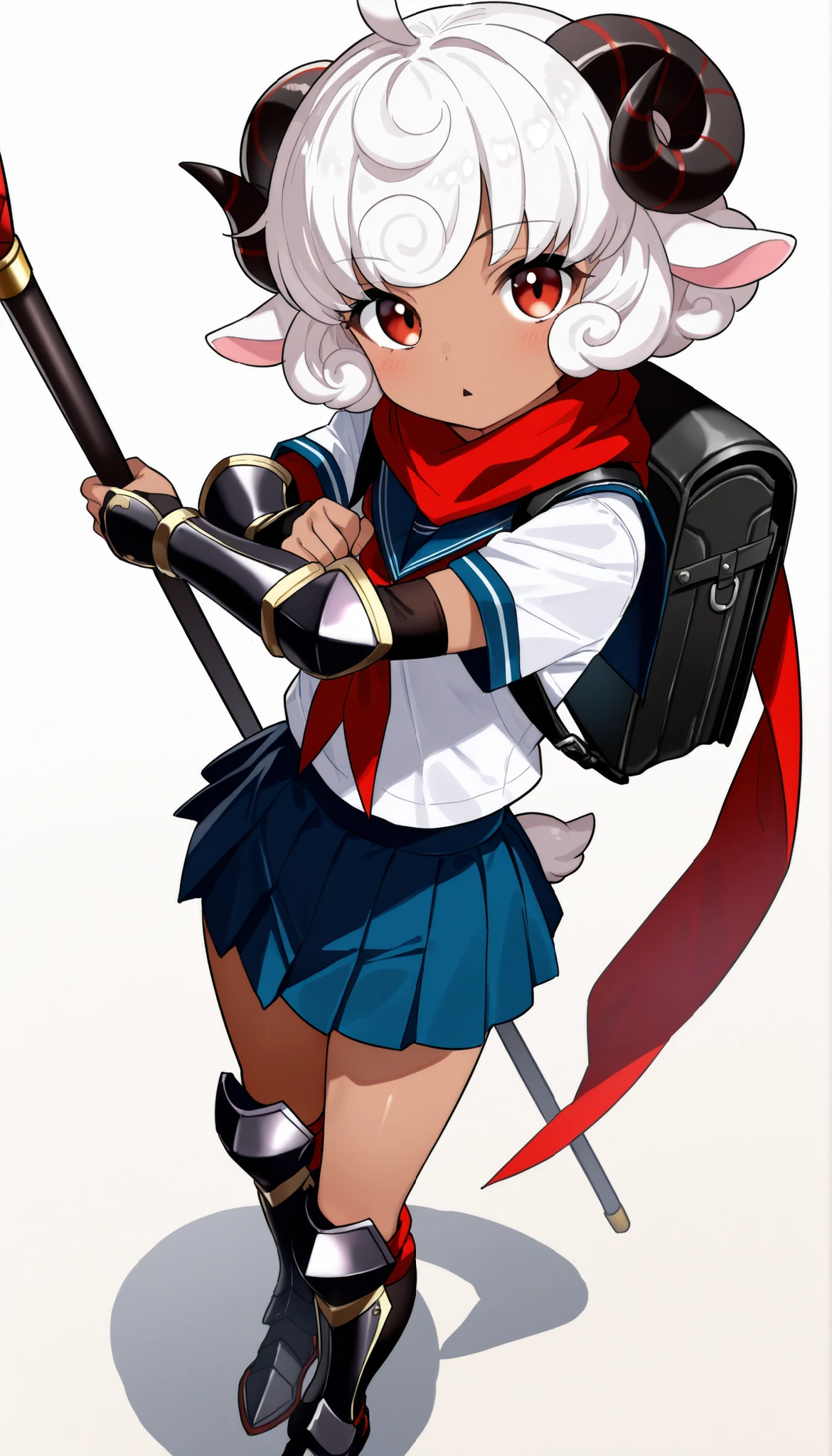 score_9, score_8_up, score_7_up, masterpiece, highest_quality, ultra_detailed, nsfw, absurdres, official_style, intricate_details, sharp_line, from_above, BREAK solo_girl, solo_girl_focus, girl is (cute_female_toddler, (sheep_kin, sheep_ears, sheep_horns, sheep_tail, kemono, black_eye_liner), white_curly_hair, dark_skin:1.5, expressionless, triangle_mouth, short, skinny, bony, flat_cheat, (ninja_scarf, ninja_gauntlets, ninja_greaves, schoolgirl_uniform, schoolgirl_miniskirt, short_reggings, school_backpack), standing_pose, fighting_pose, hold_wizard’s_staff):1.5, BREAK full_of_details, detailed_face, anatomically_correct, five_fingers, perfect_hands, perfect_fingers, dramatic_angle, dynamic_angle, dynamic_perspective, simple_color_background, (covering_privates, convenient_censoring):1.5, motion_line, motion_blur
