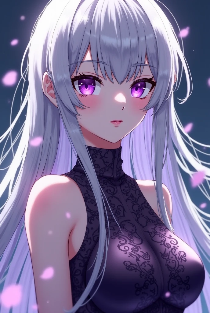 A white-haired girl with crimson eyes and a deep, penetrating gaze wearing a tight black dress in 2D anime style