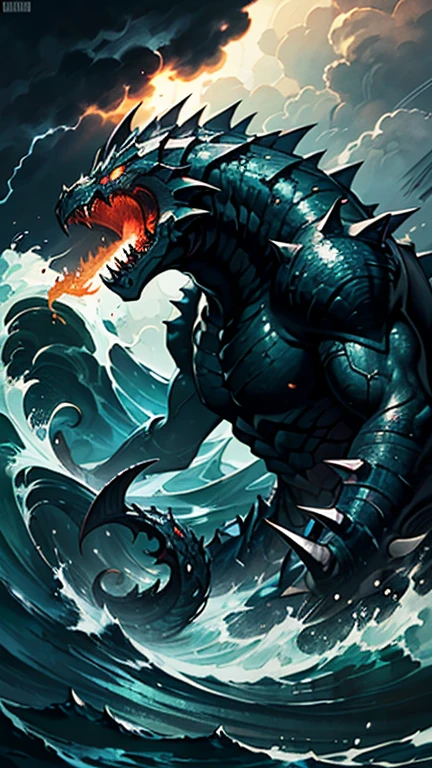 evil dragon, 5 dragon heads, a lot of eyes, sharp teeth, monstrous being, dark sea, gigantic creature, (best quality,4k,8k,highres,masterpiece:1.2),ultra-detailed,(realistic,photorealistic,photo-realistic:1.37),dark fantasy, dramatic lighting, dramatic shadows, cinematic, epic scale, intricate details, highly detailed scales, demonic, twisted, nightmarish, gritty, moody, eerie atmosphere, deep ocean, crashing waves, stormy seas