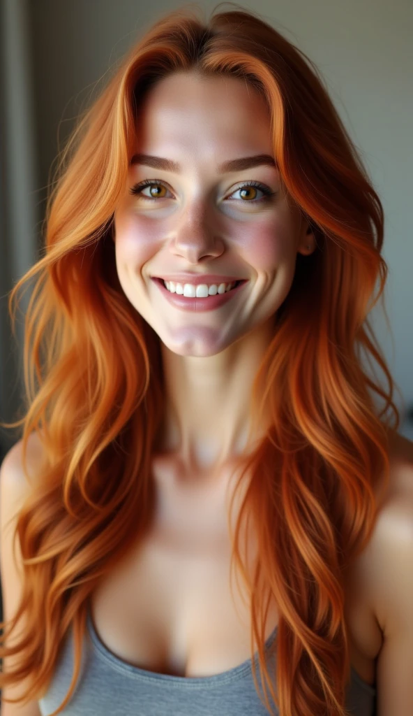 Hyper-realistic medium shot portrait of an athletically beautiful 21-year-old woman looking directly at the camera with a smiling, confident expression. Red hair, long and slightly wavy strands, falling in soft layers up to bust height; moderate volume with a few strands framing the face, and natural shine highlighting the orange tone. Slightly oval face shape, defined cheekbones, clear skin with a smooth and healthy tone; delicate features, without strong expression marks. Eyebrows in a color close to red, naturally arched and well-defined, following the structure of the face, realistic detailed skin texture, focus on the realistic face. Brown eyes with reflected shine and slightly elongated eyelashes; friendly look that conveys friendliness. Straight and proportional nose, harmonizing with the shape of the face. Lips of medium thickness, with a slight smile; Discreet pink coloring, highlighting the welcoming expression She is standing in her room, the image shows her full body, full body