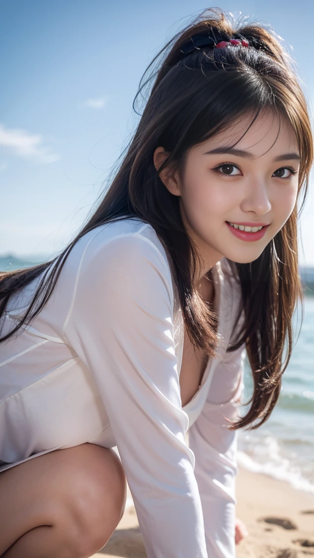 Tabletop、(Highest quality、4K、8K、High resolution、Masterpiece: 1.2)、Super detailed、(Real、Photorealistic、Photorealistic: 1.37)、Full Body Shot、Complex and beautiful eyes、woman、long hair、Natural color lip、whiteＴshirt、Bold and sexy pose、smile、Ocean、 year old girl、A cute and sexy shot looking straight at the camera。
