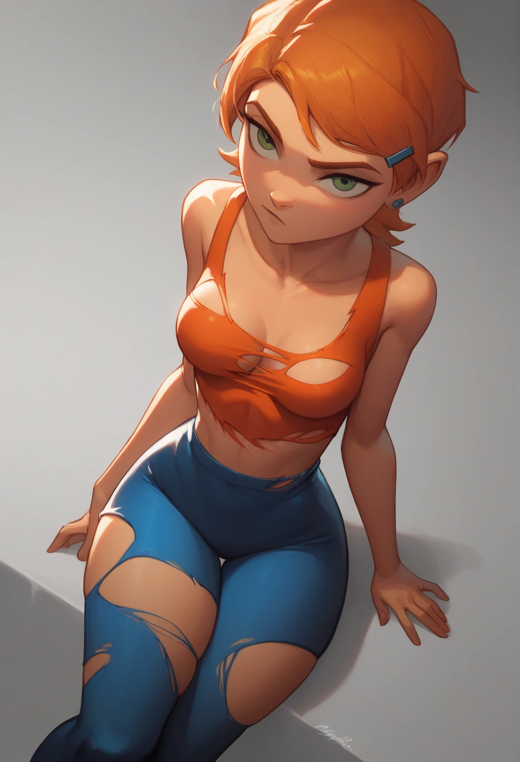  score_9_up, score_8_up, score_7_up, Gwendolyn_Tennyson, with big breast, lean body, wearing strapless mini bodycon dress, squatting down, legs spread wide apart, panty visible, looking at viewer, shy, embarrassed, seductive_pose