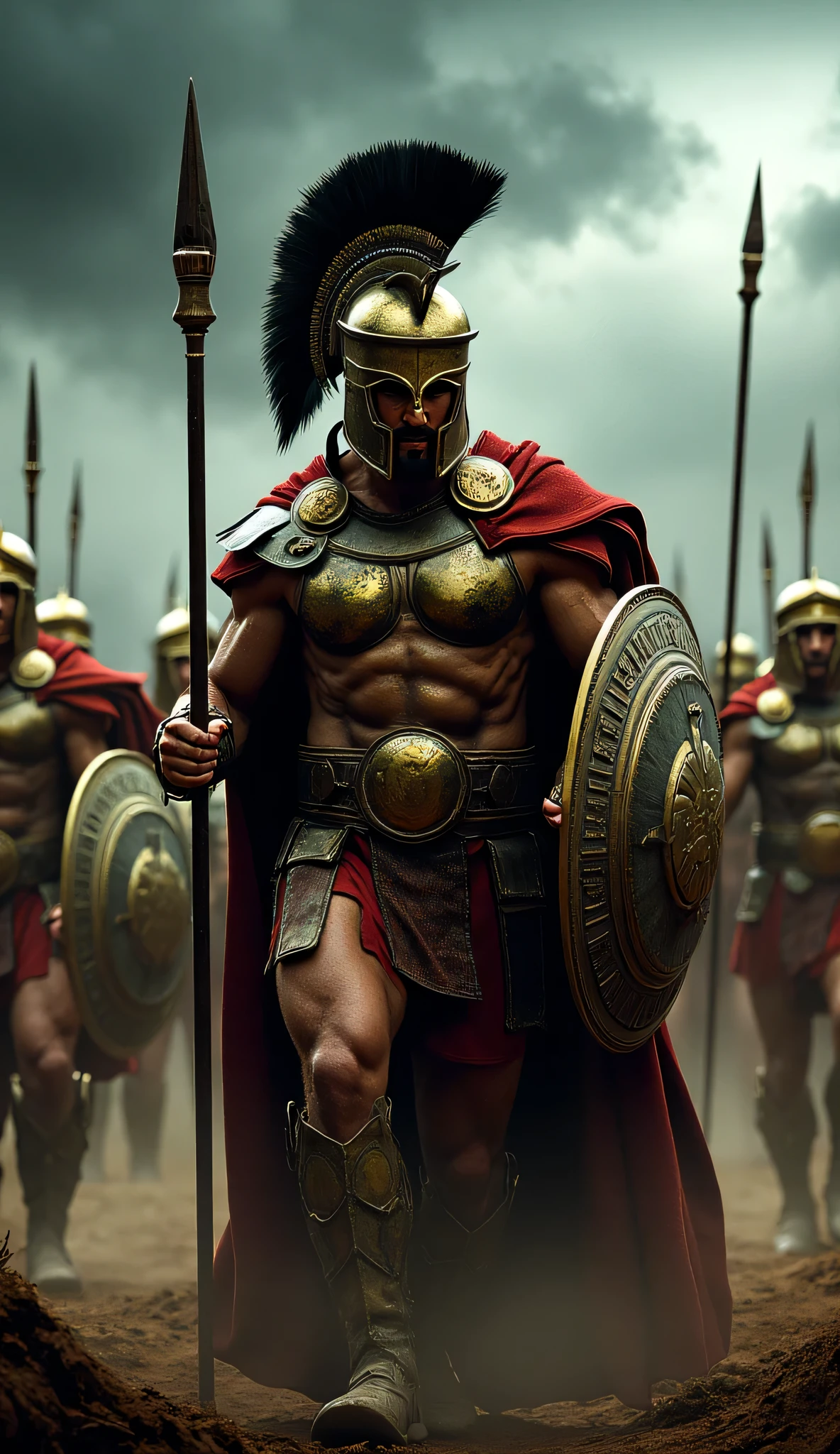 **Prompt:** Imagine a hyperrealistic scene set during the Archaic prehistoric Greek antiquity era, featuring a fierce Spartan king, a hoplite warrior with a perfectly athletic and muscular physique. He is leading his towering unit of Spartan warriors, all donned in meticulously crafted bronze armor and red capes. The scene captures them marching resolutely into the battleground, with stormy weather swirling in the background, conveying a sense of impending conflict. The king’s face, intricately handsome and strong, subtly blends features reminiscent of renowned actors like Tom Cruise, Tom Hardy, and Gerard Butler, adding a modern heroic allure. The warriors grip their bronze shields and spears firmly, their dynamic movement mirrored in the stormy atmosphere. This wide-angle shot emphasizes depth and detail, using advanced rendering techniques to achieve ultra-realistic textures and lighting. The composition balances the fierce expression of the main character with the unified force of the Spartan warriors behind him, showcasing the artistry of digital rendering through platforms like Unreal Engine 5 and heightened by the best photography principles. Capture this monumental clash of history and artistry in a final image that resonates with intensity and captures the viewer's imagination.