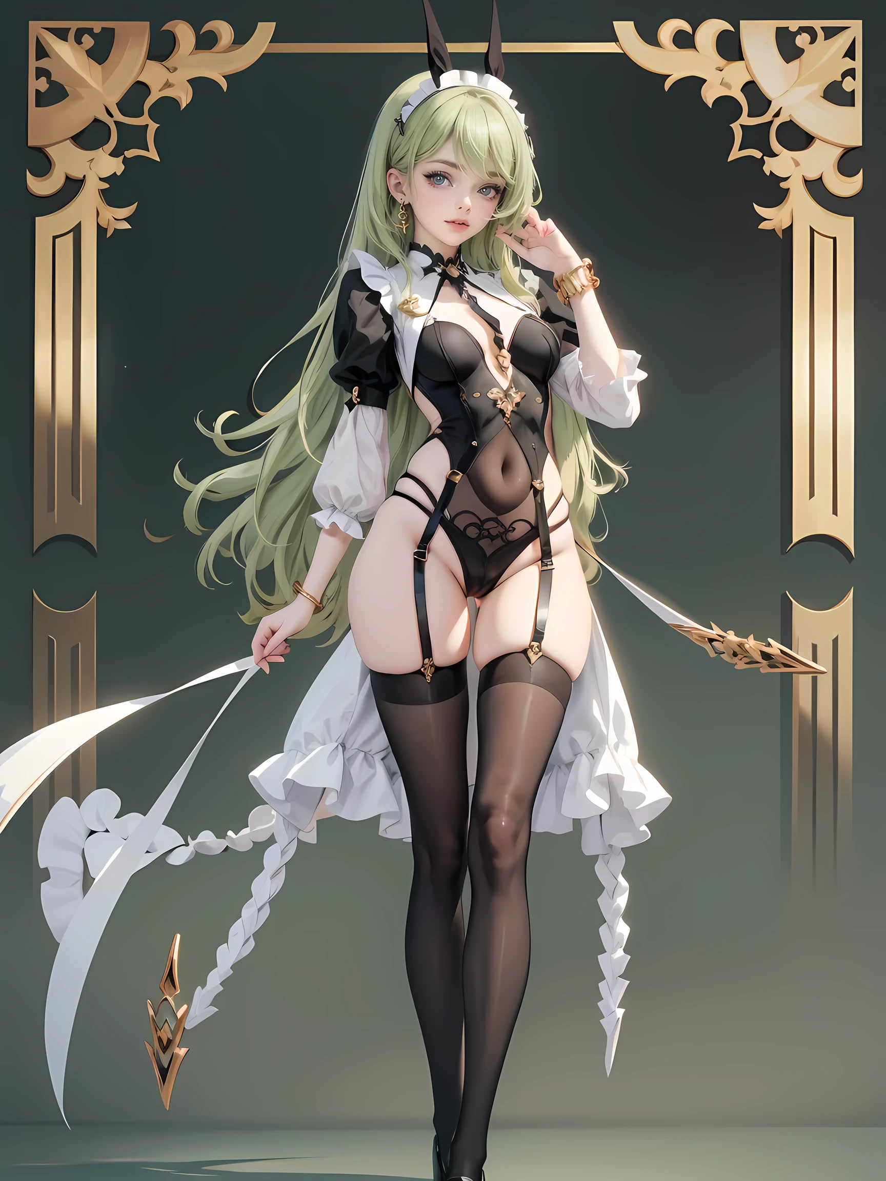 1girl, (angry), white hair, green eyes, ((hourglass figure)), black tights, (from below), looking at viewer, ((thick thighs)), ((pussy)), ((lingerie)), ((black lingerie)), ((naked breasts)), (nipples)