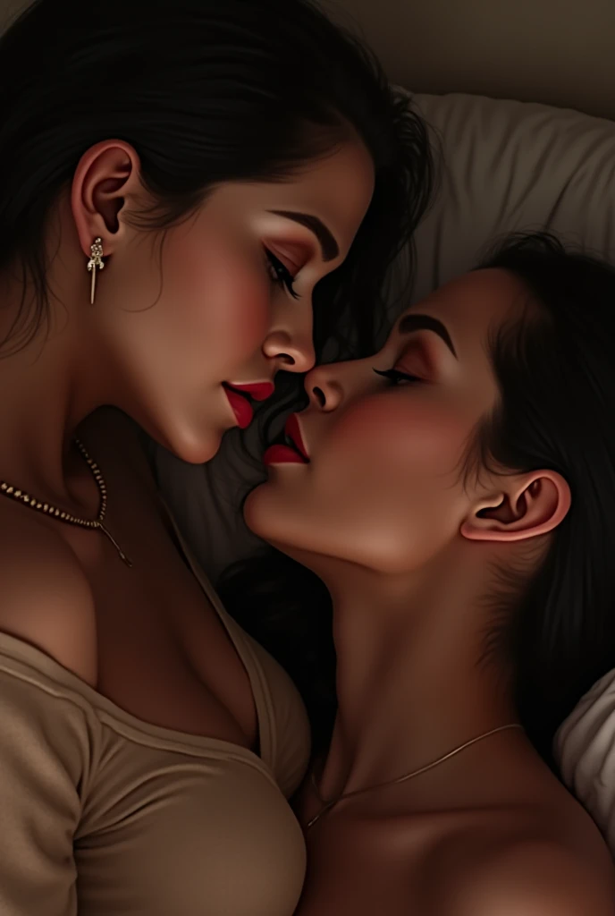 two young women, lying down,kissing 