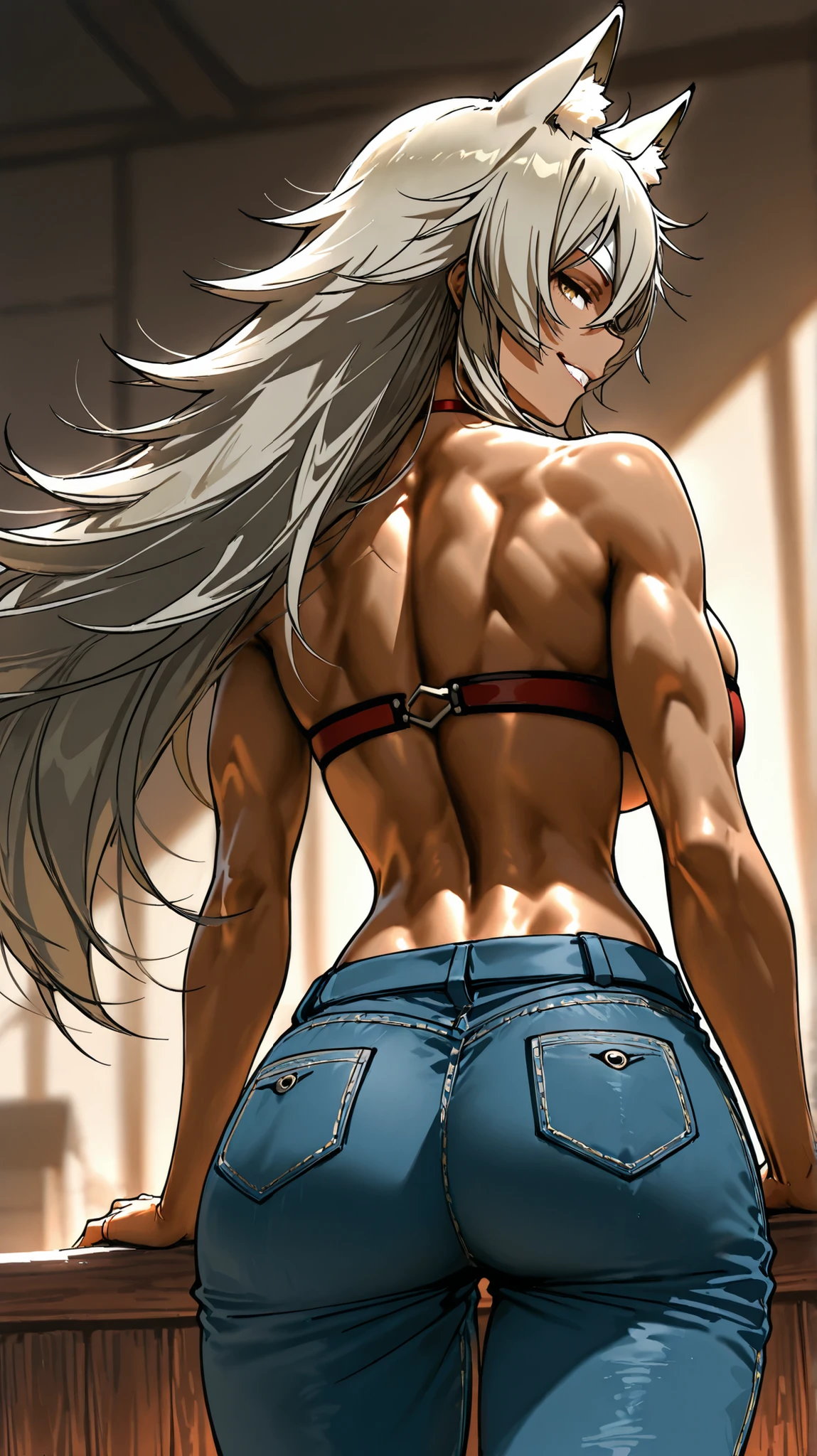 ultra-detailed、highest quality、Highest image quality、master piece、8K、blonde curly hair、(SFW huge body)、(((Rear view)))、cowboy shot、Wearing a thong