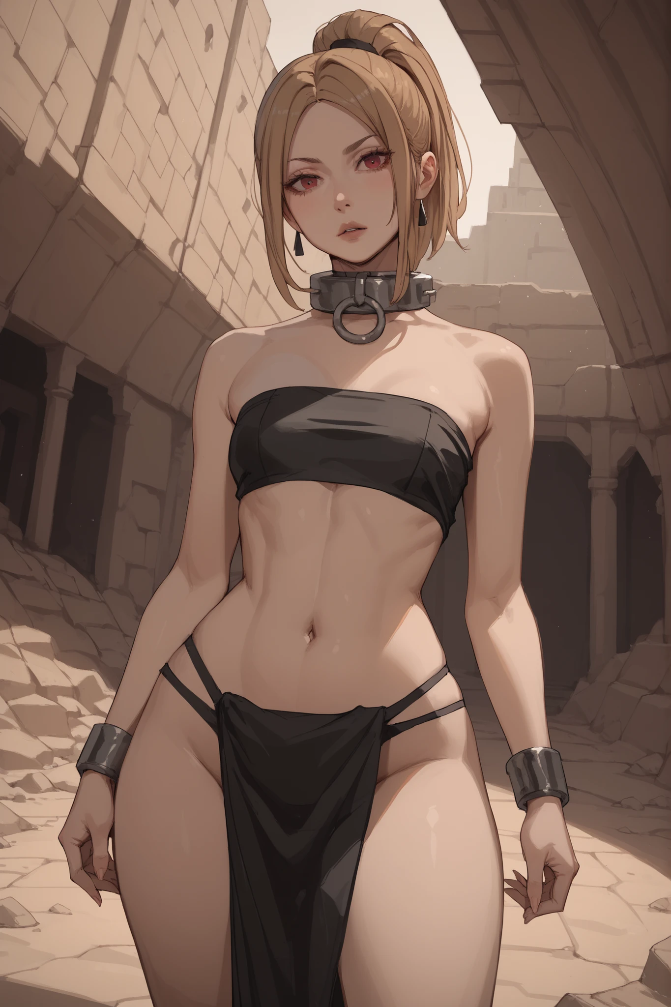 Pearl, Photorealistic mature female, (((standing in the Sahara Desert))), (((wearing a tight sleeveless crop top and tight mini skirt))), Detailed skin, detailed body, Natural Skin Texture, realistic skin, skin pores, intricate detail, raw photo, lifelike rendering, immersive atmosphere, chiaroscuro, moody lighting, perfect female body, ((mid shot))
