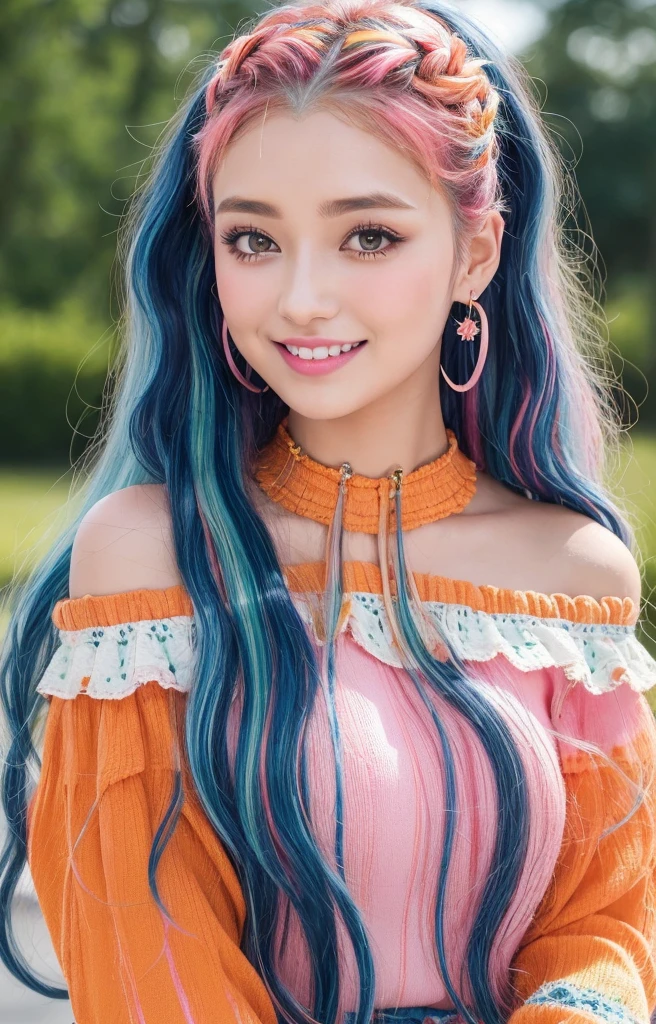 one-girl, long eyelasher, Smile, butterfly hair ornaments, Rainbow hair ,Cinematic texture, Sexy and stylish to wear, 8K, Best quality, hyper HD, Authentic skin texture, long and flowing hair,long slim figure,s delicate face,A plump chest,Full body photo,Background bokeh,exteriors,trpical garden