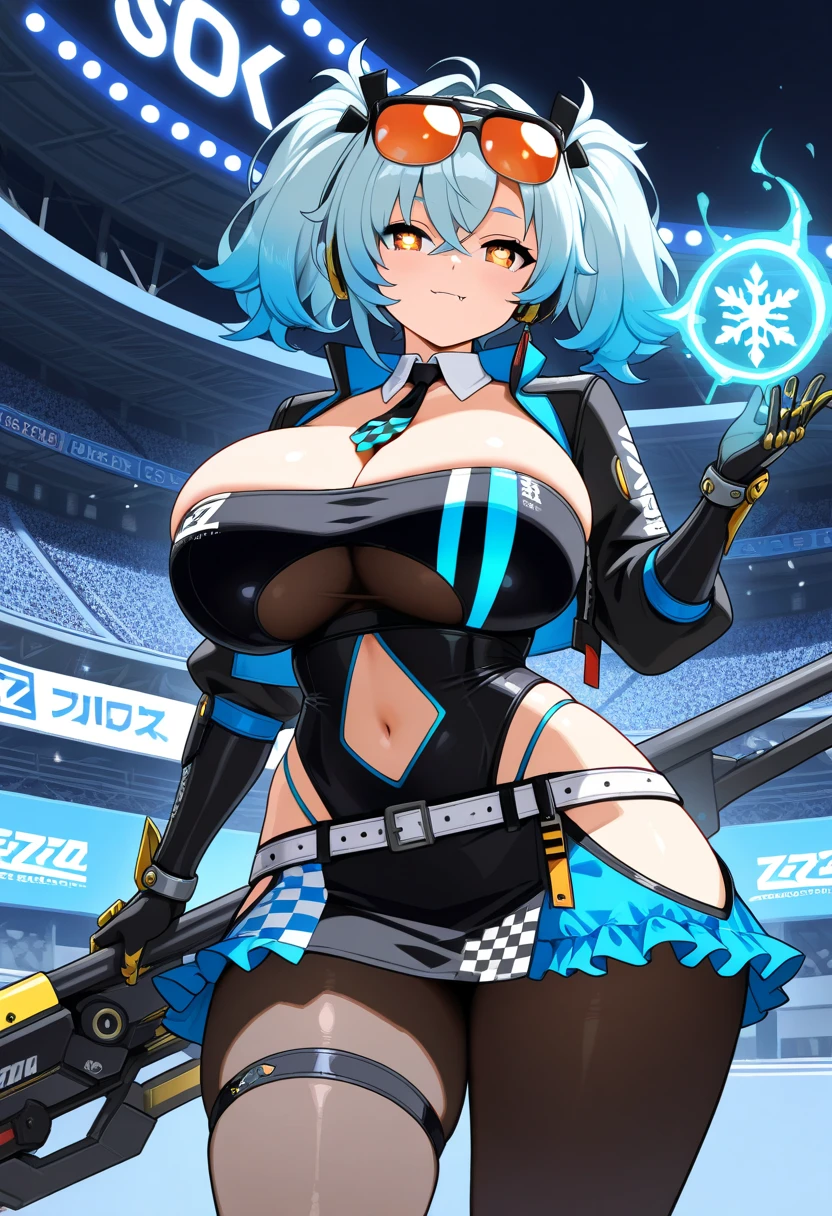 1girl, large breasts, breasts, thick thighs, hourglass figure, toned, smile, light smile, blue hair, light blue hair, blue eyes, very short hair, pixie cut, shoes, sneakers, thighhighs, bikini, black bikini, jacket, black jacket, open jacket, neon trim, neon, neon lights, blue trim, tech, machinery, science-fiction, futuristic, bunny ears, rabbit ears, cropped jacket, ((cropped jacket))
