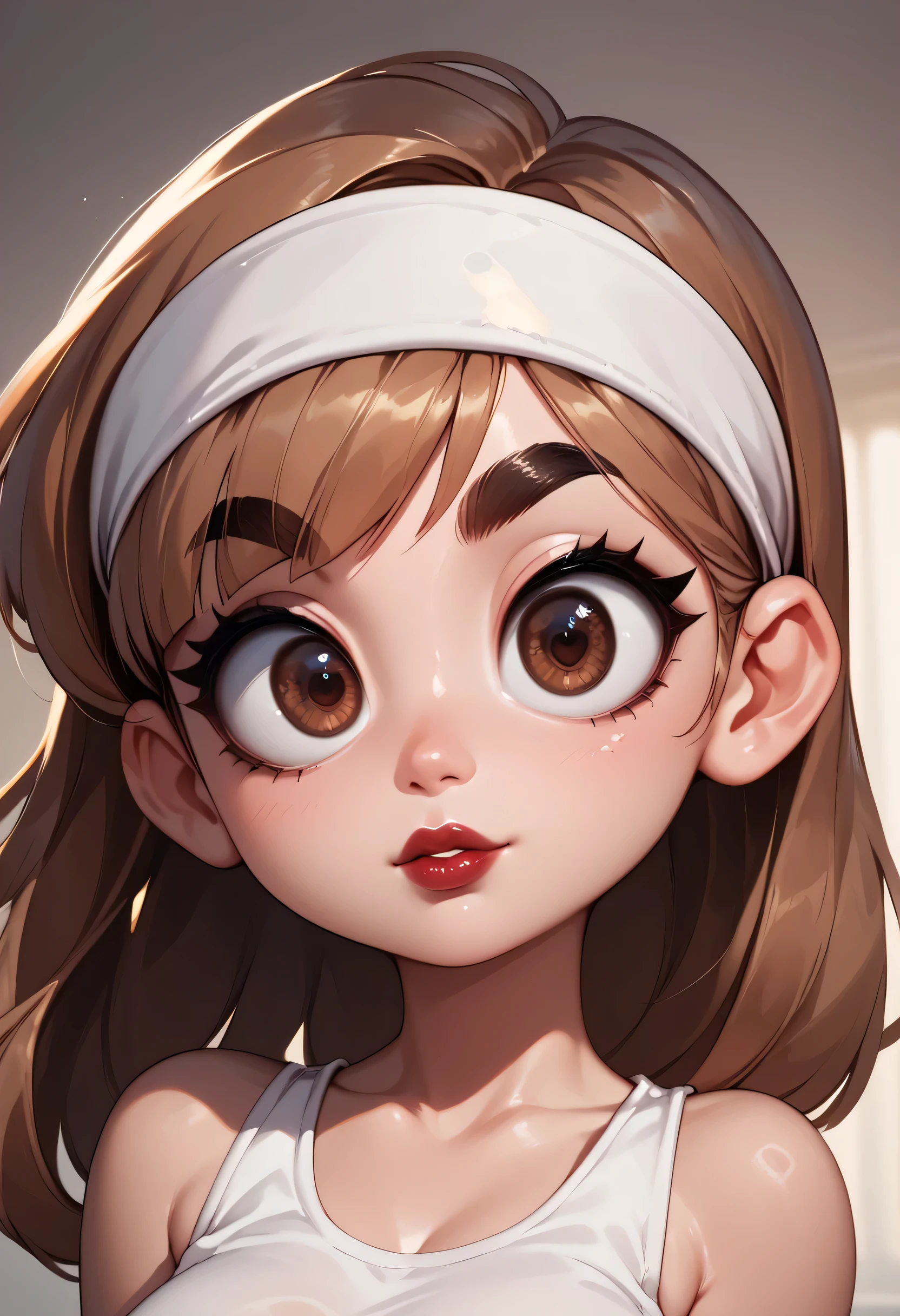 perfect face, straight hair, lightest brown hair, (((white headband))), black eyebrows, thick eyebrows, black eyeliners, big eyes, (((brown eyes))), bright red lips, thick lips, beautiful woman, white tank top, medium breasts, (looking at viewer)