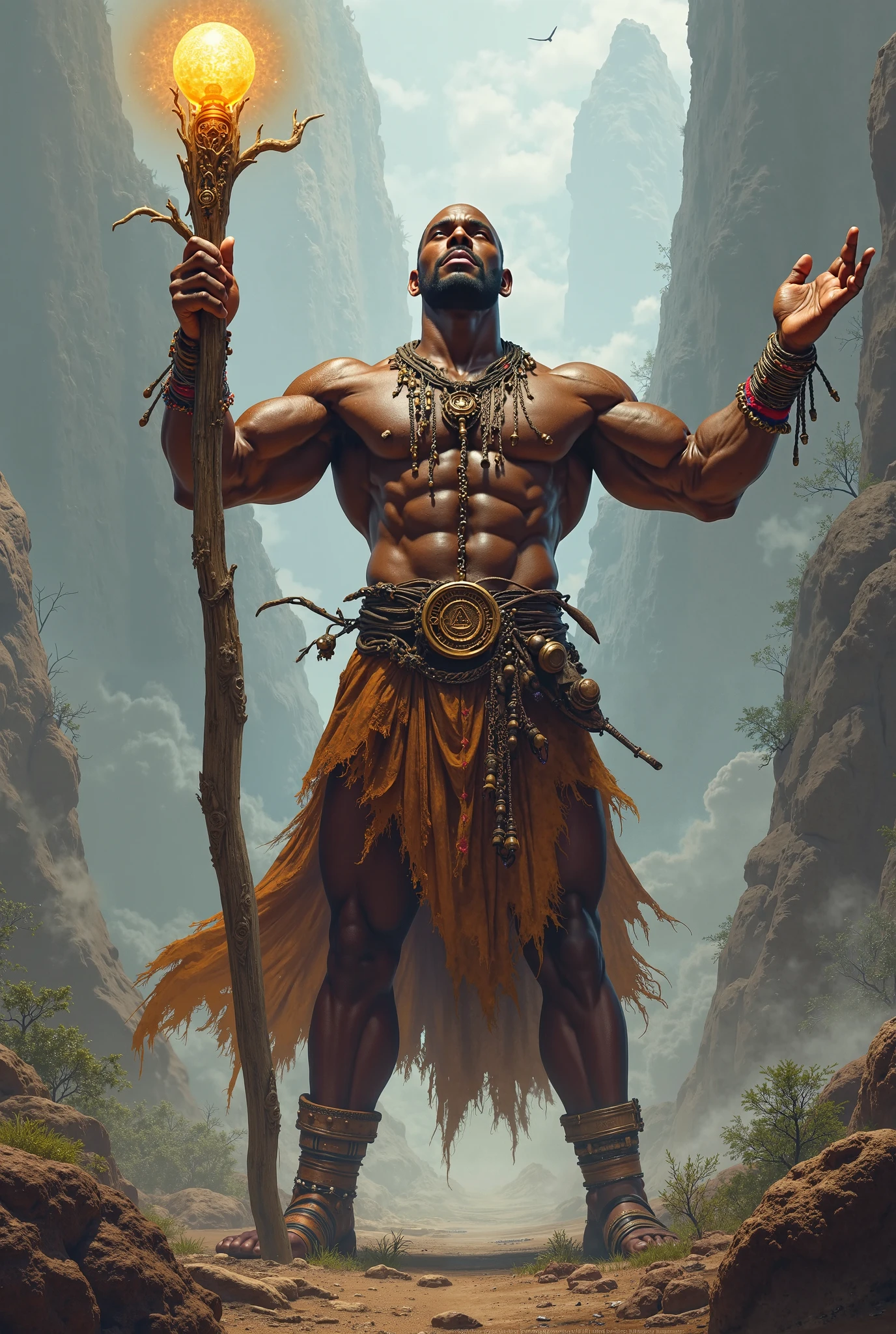 Strong Orixa Ogum  wearing clothes made of golden grass  African , smiling broadly 
and holding two handcrafted machetes  !  A sensual black man, African drawing ! 