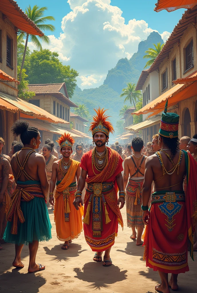 An image of men and women, boys and girls, marching, dressed up and dancing
