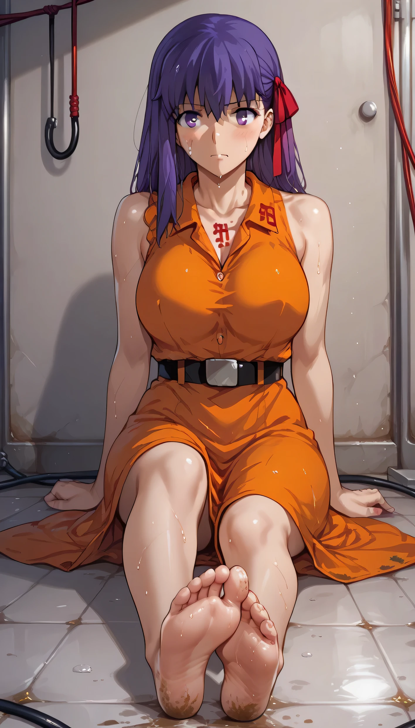 Sakura Matou, fate stay night: heaven's feel, a girl with white skin, big breasts, beautiful body, purple hair (long, loose, and messy hair), purple eyes, (((wearing a short, sleeveless, maximum security inmate orange dress with the ID number: inmate: M13195 engraved on the chest))), ((maximum security prison recreation yard with large walls with barbed wire and watchtowers in a dirty and old state, and with an unpaved floor))), (((sitting on the floor facing forward with her legs stretched forward, raised and apart, focusing on her feet and the soles and toes))), (full body), (barefoot), (resigned mood), (tense and hot atmosphere), sunny day, (heat), ((dirty)), ((sweating)), (gloomy and depressing place)