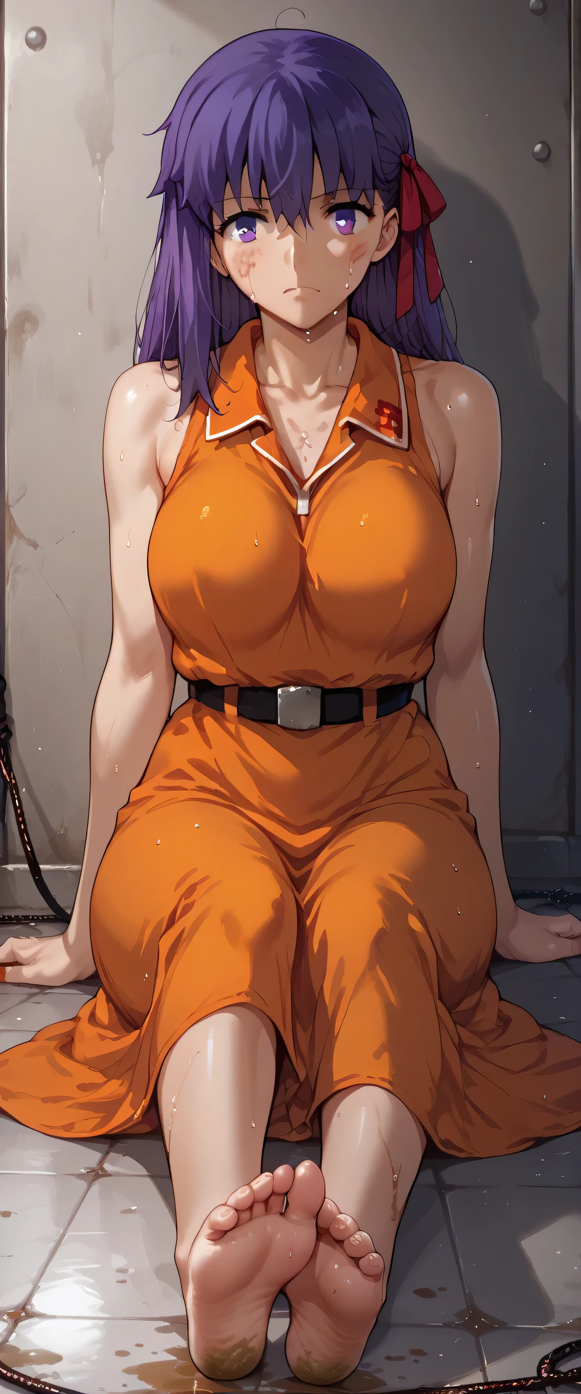 Sakura Matou, fate stay night: heaven's feel, a girl with white skin, big breasts, beautiful body, purple hair (long, loose, and messy hair), purple eyes, (((wearing a short, sleeveless, maximum security inmate orange dress with the ID number: inmate: M13195 engraved on the chest))), ((maximum security prison recreation yard with large walls with barbed wire and watchtowers in a dirty and old state, and with an unpaved floor))), (((sitting on the floor facing forward with her legs stretched forward, raised and apart, focusing on her feet and the soles and toes))), (full body), (barefoot), (resigned mood), (tense and hot atmosphere), sunny day, (heat), ((dirty)), ((sweating)), (gloomy and depressing place)