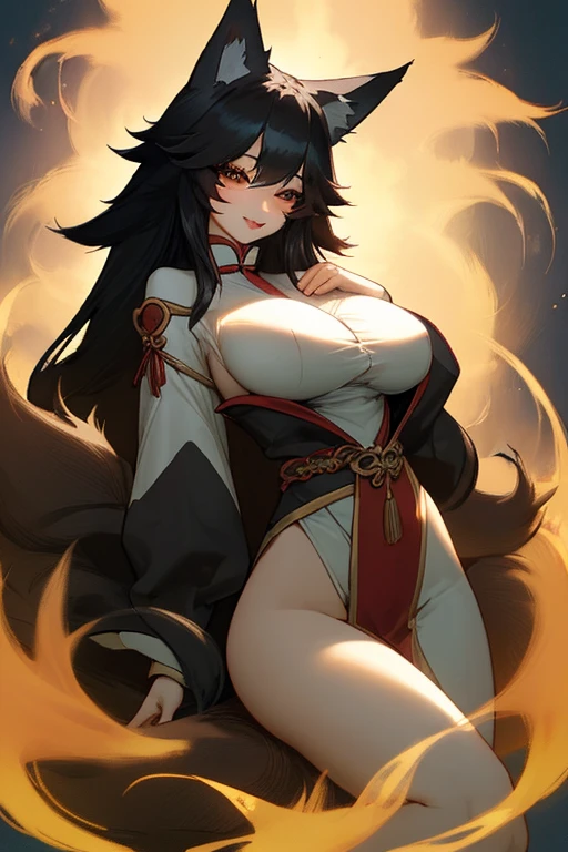 (realistic:1.1),portraits,(((long black hair,mature sexy woman,orange eyes,cat ears))),big breasts,seated on the throne of hell,burning fire and inferno background,black chains,sexy black outfit