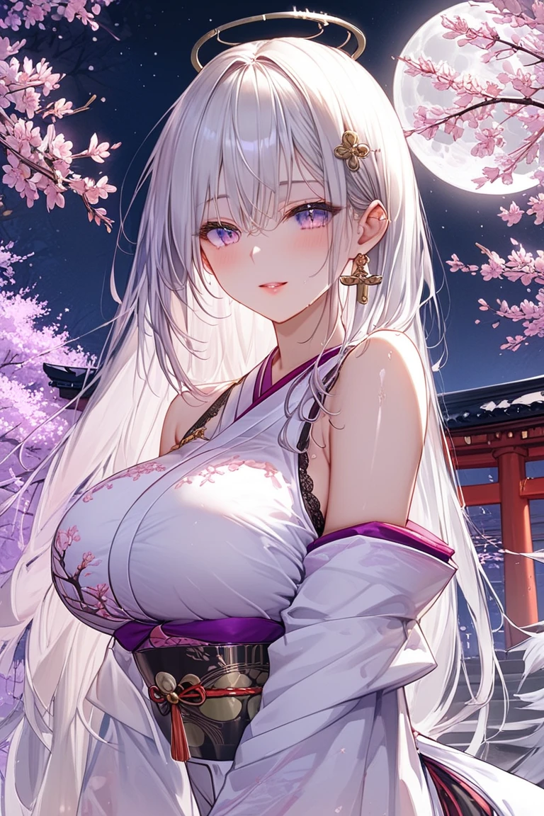 Big Ass,White long hair,Loose pink and purple chest-baring kimono,Big boobs,Back,Hips