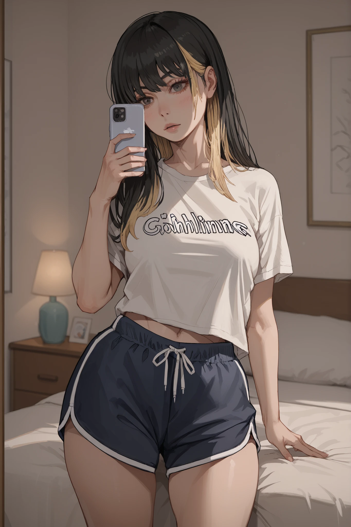 1 girl, black hair with blonde highlights, bangs, voluptuous, loose white t-shirt, showing shoulder, black tight dolphin shorts, messing with the cell phone, bed, bedroom dark illuminated by the cell phone screen