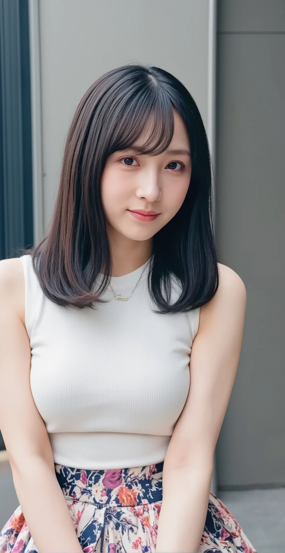 Highest quality、Ultra-high resolution、(Photorealistic:1.4)、1 girl、off-the-shoulder white shirt、Black tight skirt、jet black ash gray hair:1)、(Big Breasts:1.2)、View your viewers、Close-up、Beautiful smile、Put your hands on your face、A happy smile、Cute Smile、Whole Body Ezbian、A shy smile、On all fours