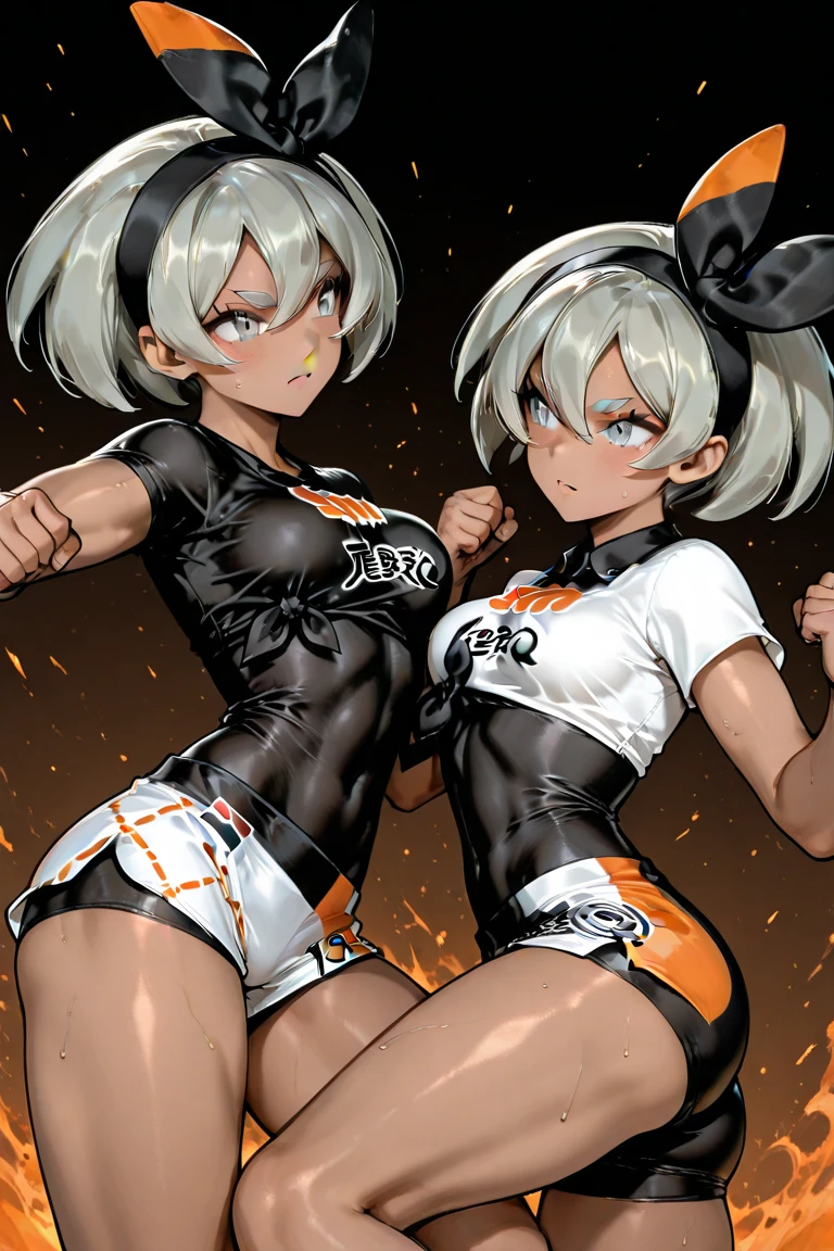 bea, dark-skinned female, dark skin, short grey hair, black hairband, blue eyes, covered navel, collared shirt, print shirt, gloves, short sleeves, print shorts, black bodysuit under clothes, barefoot, wristband, single glove, knee pads,jumping, bent legs,