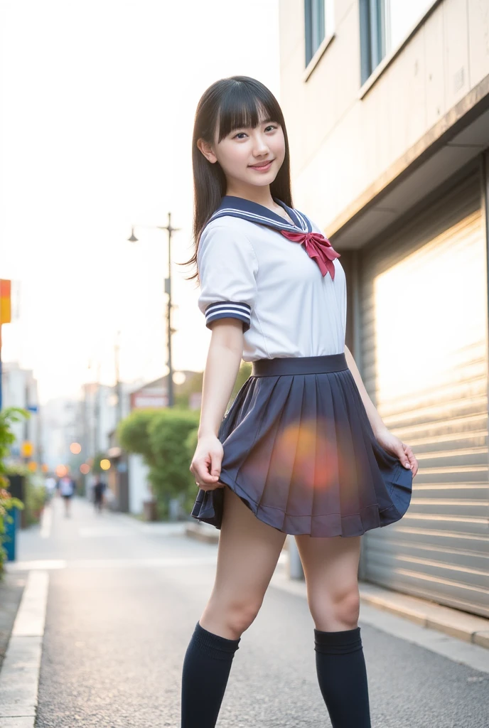 1girl, 18yo school girl, sailor uniform, climbing stairs, looking at viewer, smiling, view from below, (masterpiece, 8k, best quality:1.2), photorealistic, hyper detailed, cinematic lighting, vibrant colors, natural skin tones, intricate details, flawless rendering, sharp focus