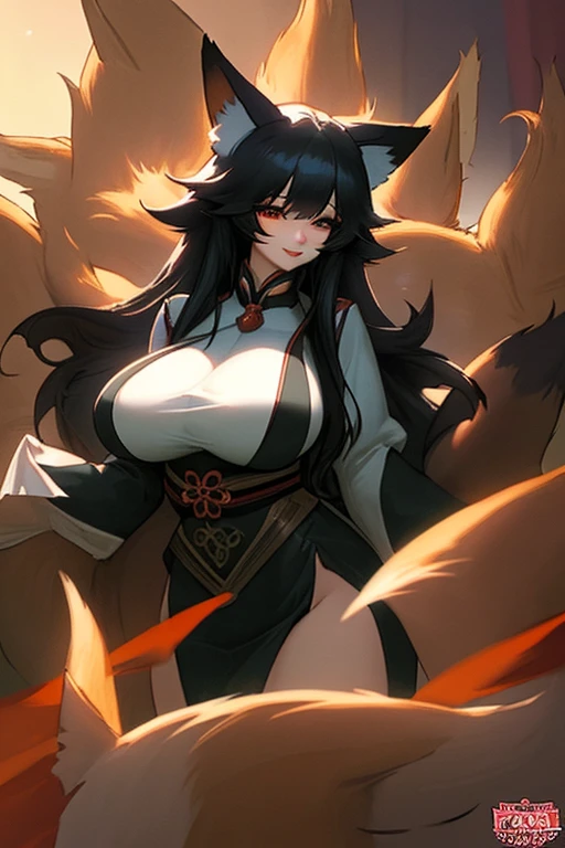 Beautiful black Kitsune, red eyes, highly detailed face, highly detailed eyes, big breasts, sexy figure, mature woman, several black kitsune tails, soft long Black Kitsune ears, Wearing red and black open shoulders kimono, wide waist
