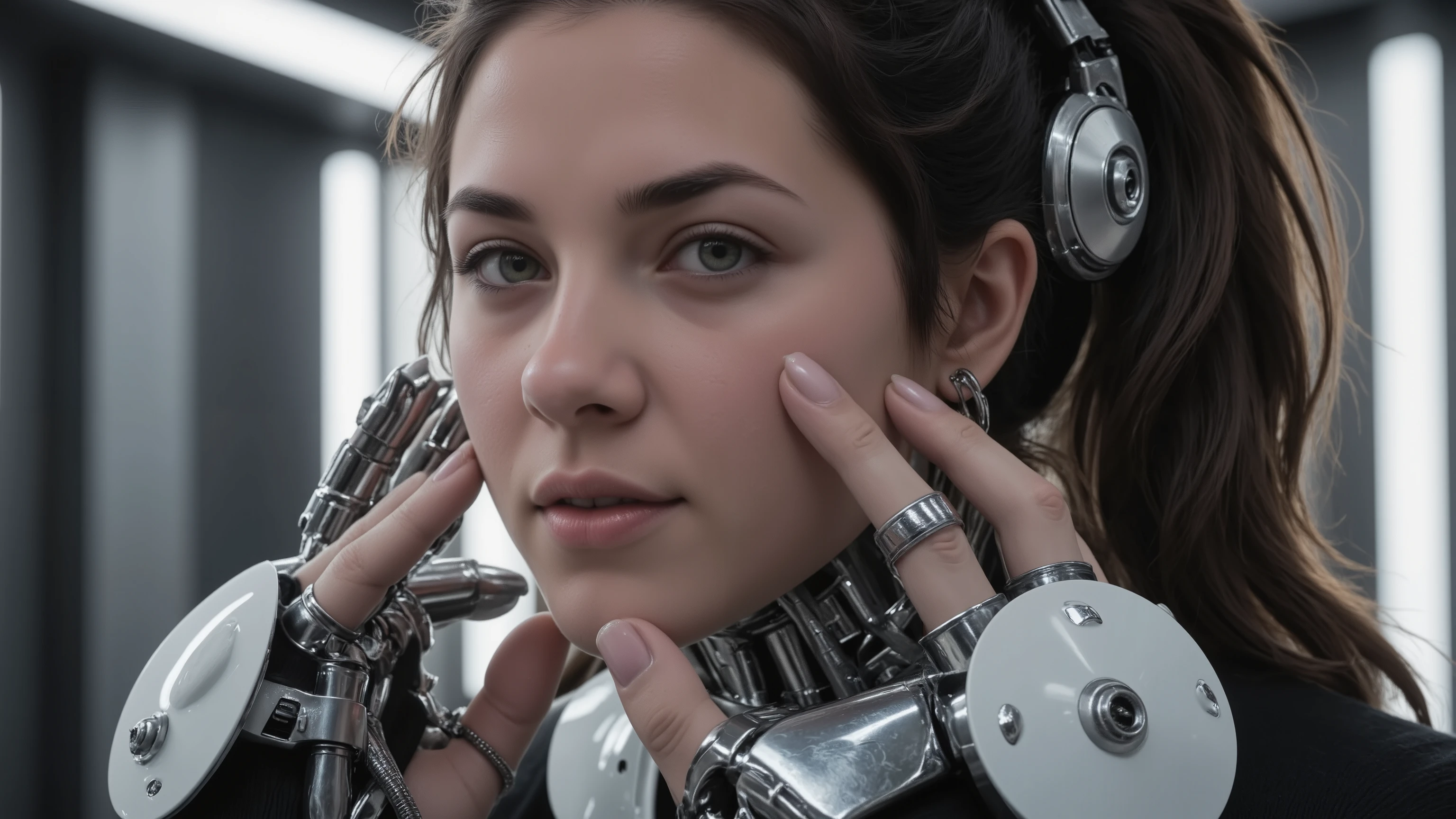 full body photo, young woman, chest, porcelain face, cyborg, robotic parts, 150 mm, beautiful studio soft light, rim light, vibrant details, cyberpunk, hyperrealistic, anatomical, facial muscles, cable electric wires, microchip, H. R. Giger style, extremely detailed, highly detailed skin with skin pores, highly detailed face and hands, highly detailed eyes and lips, perfect face, perfect lips, perfect hands, amazing, finely details, ray tracing, UHD, HDR, 16k, photorealistic, masterpiece, award winning