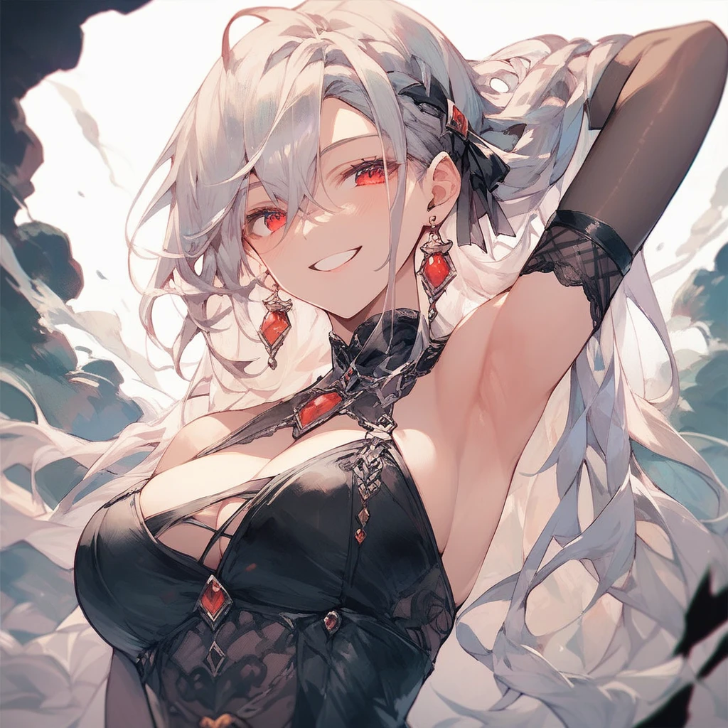 (dynamic angle:1.3, front view:1.1, breast focus:1.3, from below:1.2), (dynamic posing:1.5, sexy posing:1.2, leaning forward), (seductive smiling:1.3),(*K) HD, highest quality, Anime style beutiful woman, 1girl,fullbody, happy, (with sparkling eyes and a contagious smile:1.2), red face, closed mouth, beautiful detailed eyes, super detailed skin, backlighting, bare shoulders, black background, black dress, black gloves, silver hair, breasts, dress, earrings, fingerless gloves, floating hair, floral print, flower, gloves, gold earrings, gold hairband, hair flower, hair ornament, hairband, holding, holding two-hands weapon, jewelry, large breasts, long hair, looking at viewer, off-shoulder dress, off shoulder,red eyes, short hair with long locks, sidelocks, solo, spikes, thighs, two-sided dress, two-sided fabric, weapon, fighting stance , face, close up, from above, highest quality, high resolution,Real World, Natural light,perfect Natural light,looking at viewer,
