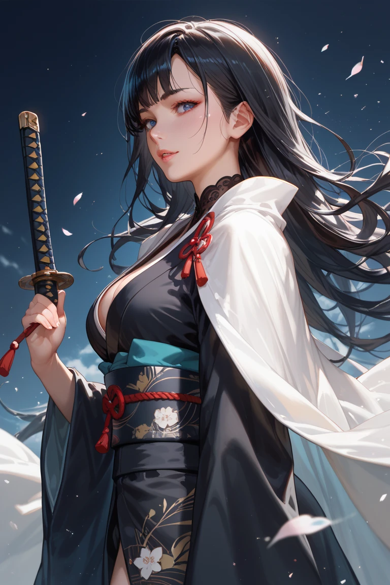 masterpiece, Highest quality, Absurd, Perfect Anatomy, Unity 8k wallpaper,Best Anime,Shoot from the front,Cowboy Shot,20 year old beauty、Boa Hancock,Black Hair,Long Hair, ,Slender body,Large Breasts,Turn your body towards the viewer、waitress,Japanese Clothing、In the same way、Holding the Japan sword、A Japanese sword drawn with precision and accuracy、I'm ready to fight with my sword、Outdoor、wilderness、