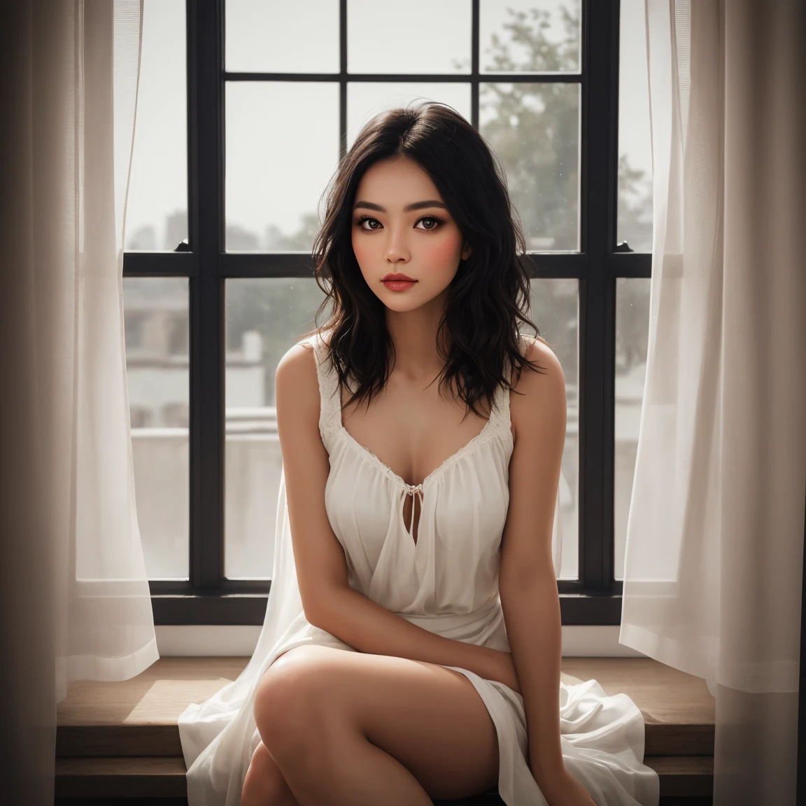 photography, dimly lit room with a hazy atmosphere, capturing a female figure lounging on a deep crimson color rustic couch, wearing a black suit and white shirt with loose blue tie, arm resting on hers bent knee, hand holds a glowing cigarette, creating a trail of hazy smoke that wafts around her, illuminated by a beam of light from an unseen source off-camera, light filters through the deep smoke, casting dynamic patterns and giving the scene a moody, dark atmosphere, cinematic quality resolution, air of contemplation in hers posture and the ambient glow contributes to the intimate and introspective mood of the portrait, high contrast --ar 9:16 --style raw --s 400