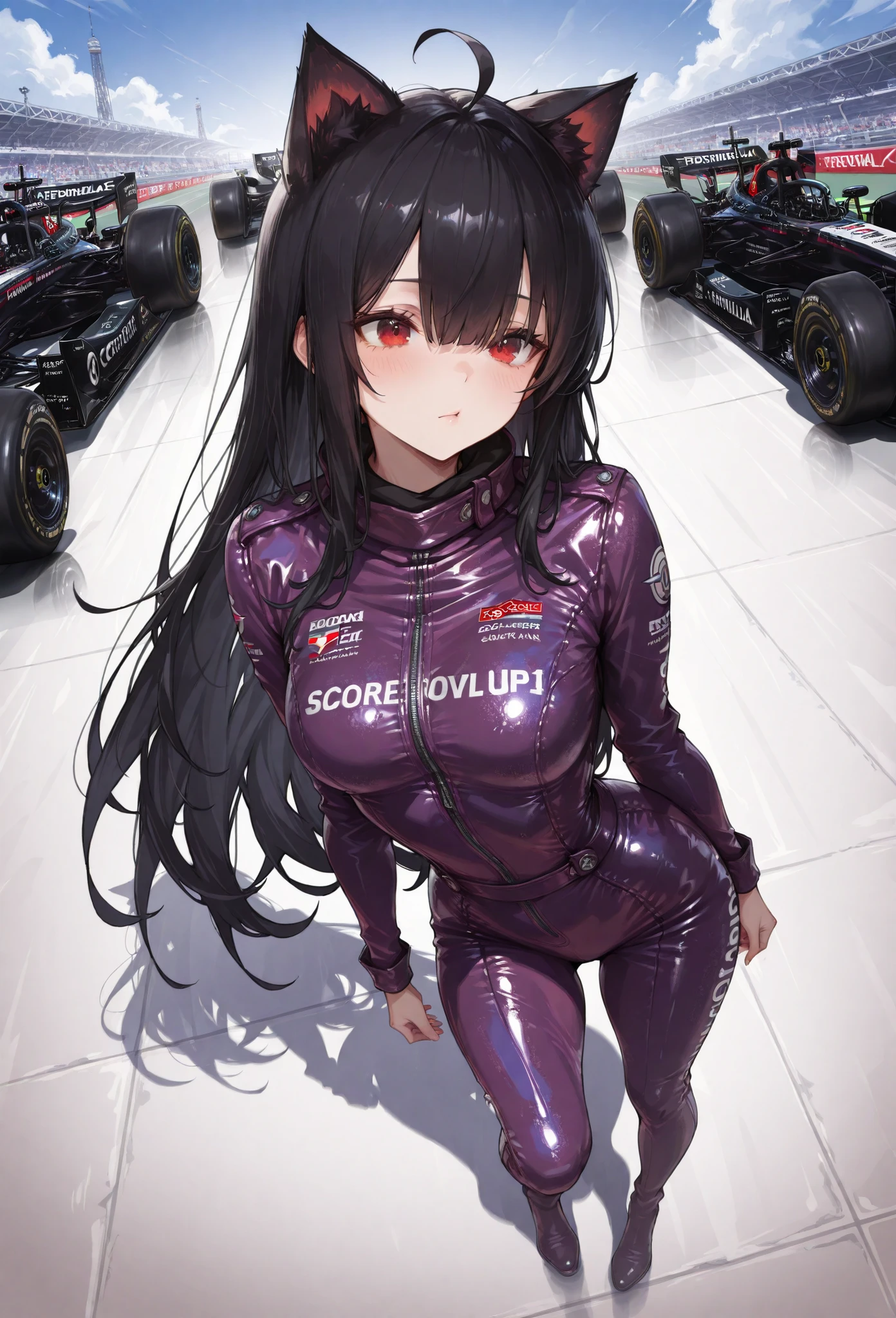 Core_9, sCore_8_up, sCore_7_up, super detail , tall details , High Quality , best quality , highres , Dynamic Angle 4K, forehead, , junkotvvxl , red eyes, black hair, cat ears, blows, hair between eyes, long hair, , (Ahoge), straight bangs, hair between eyes,
, Standing, full body, purple leather jumpsuit, (A woman is standing next to a Formula) Ultra High Definition , retina , Masterpiece , Precise , Anatomically correct , Textured leather , Formula 1 car smiling in white on the starting grid of the circuit. Sunny day with spectators in the stands, lens effect