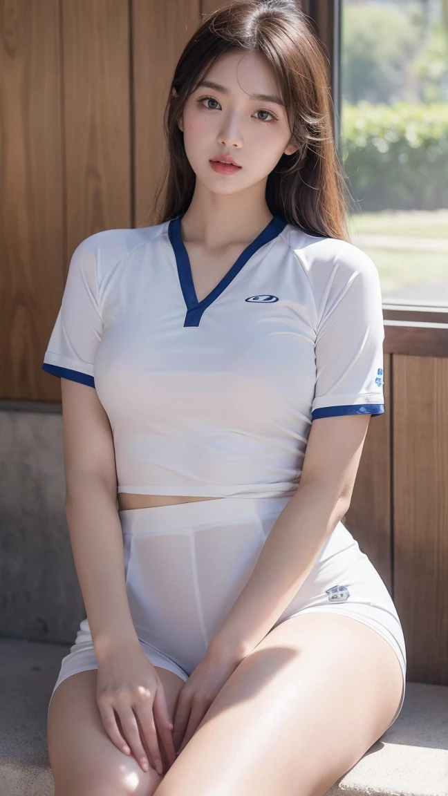 Best quality, Masterpiece, 超高分辨率, Photorealistic, A girl, (Pretty face:1.4), White shirt with blue collar,Flesh-colored stockings (Large of breast, Narrow waist), Long hair, In the library,sat on the ground,Full body photo, Bokeh, Beautiful lighting, Shiny skin