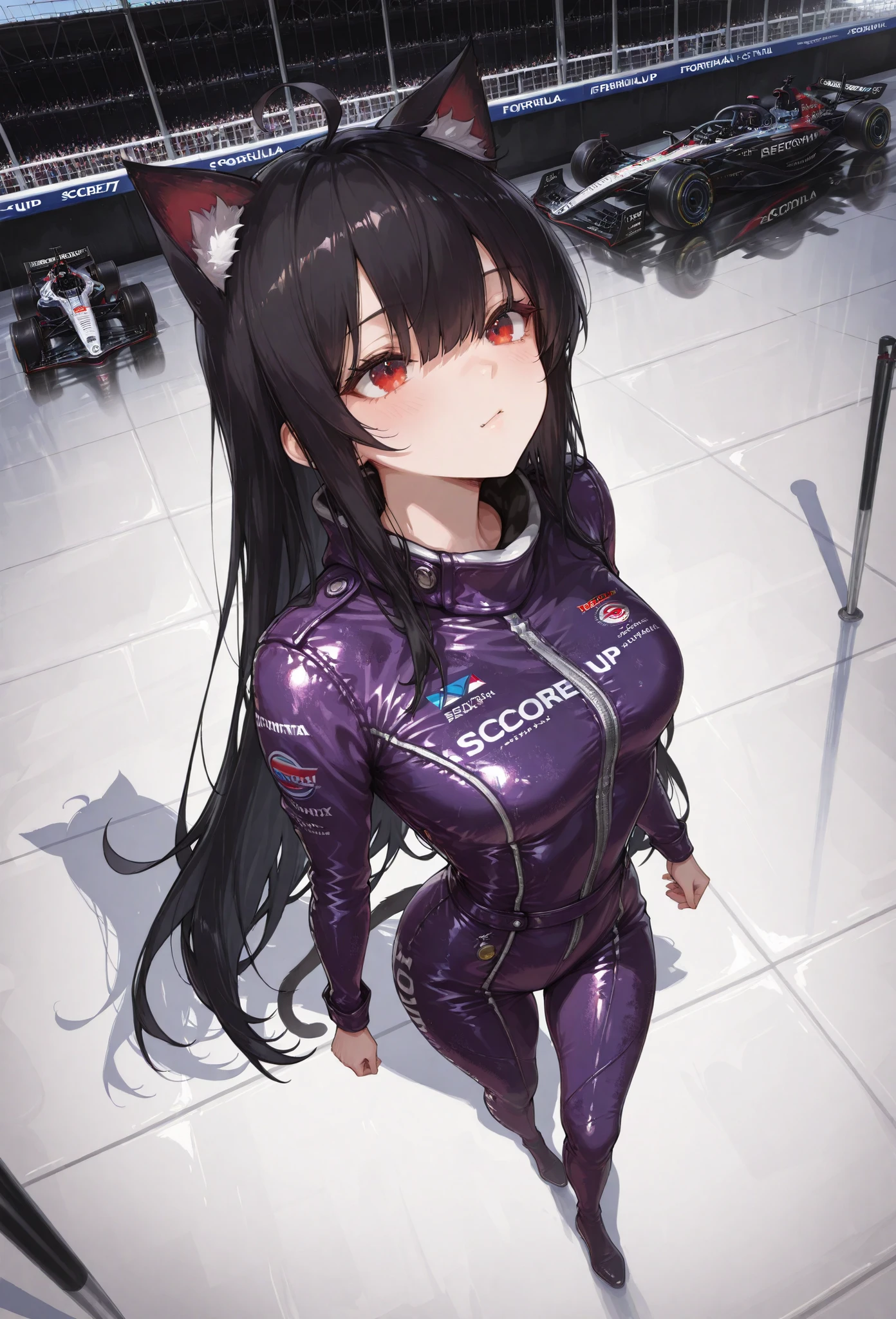 Core_9, sCore_8_up, sCore_7_up, super detail , tall details , High Quality , best quality , highres , Dynamic Angle 4K, forehead, , junkotvvxl , red eyes, black hair, cat ears, blows, hair between eyes, long hair, , (Ahoge), straight bangs, hair between eyes,
, Standing, full body, purple leather jumpsuit, (A woman is standing next to a Formula) Ultra High Definition , retina , Masterpiece , Precise , Anatomically correct , Textured leather , Formula 1 car smiling in white on the starting grid of the circuit. Sunny day with spectators in the stands, lens effect