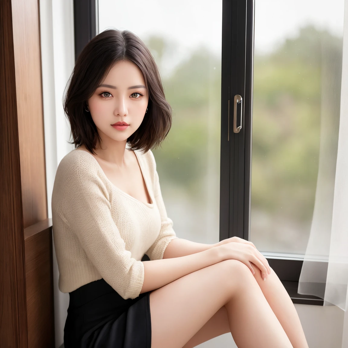 21yo girl, (bob hair). Wearing black sweater. sitting on the bed. White background. Dark room