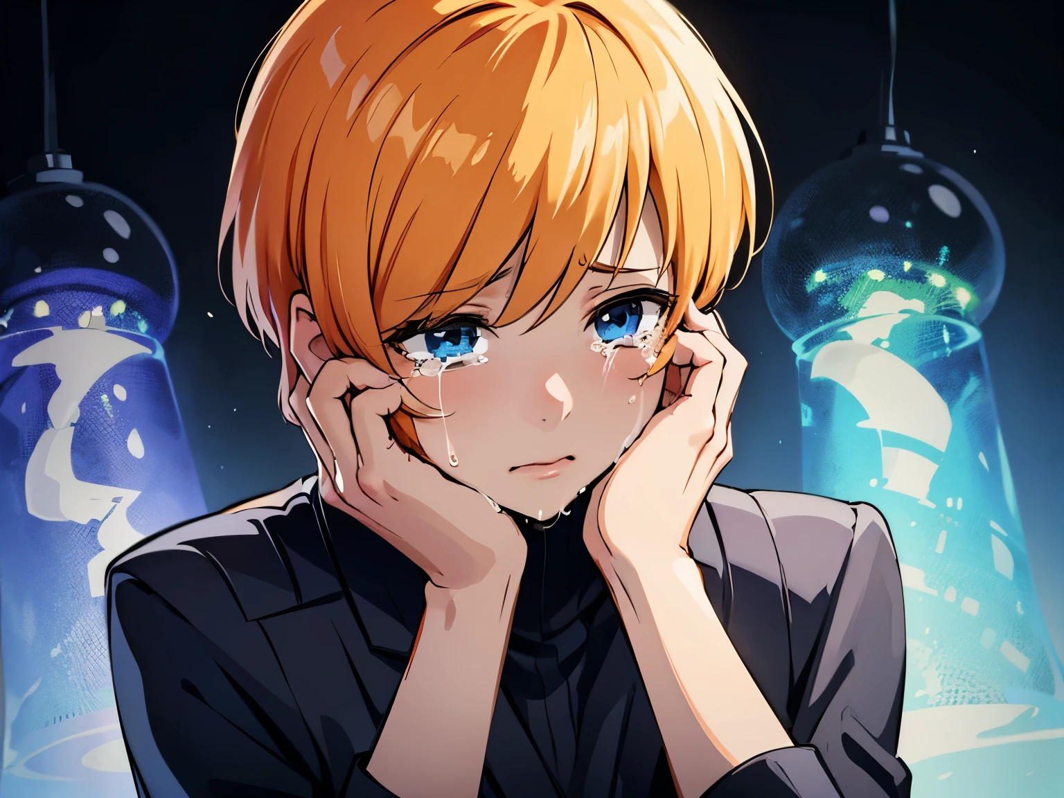 sfJuni, orange hair, short hair, blue eyes, red formal clothes, crying, hands on face,